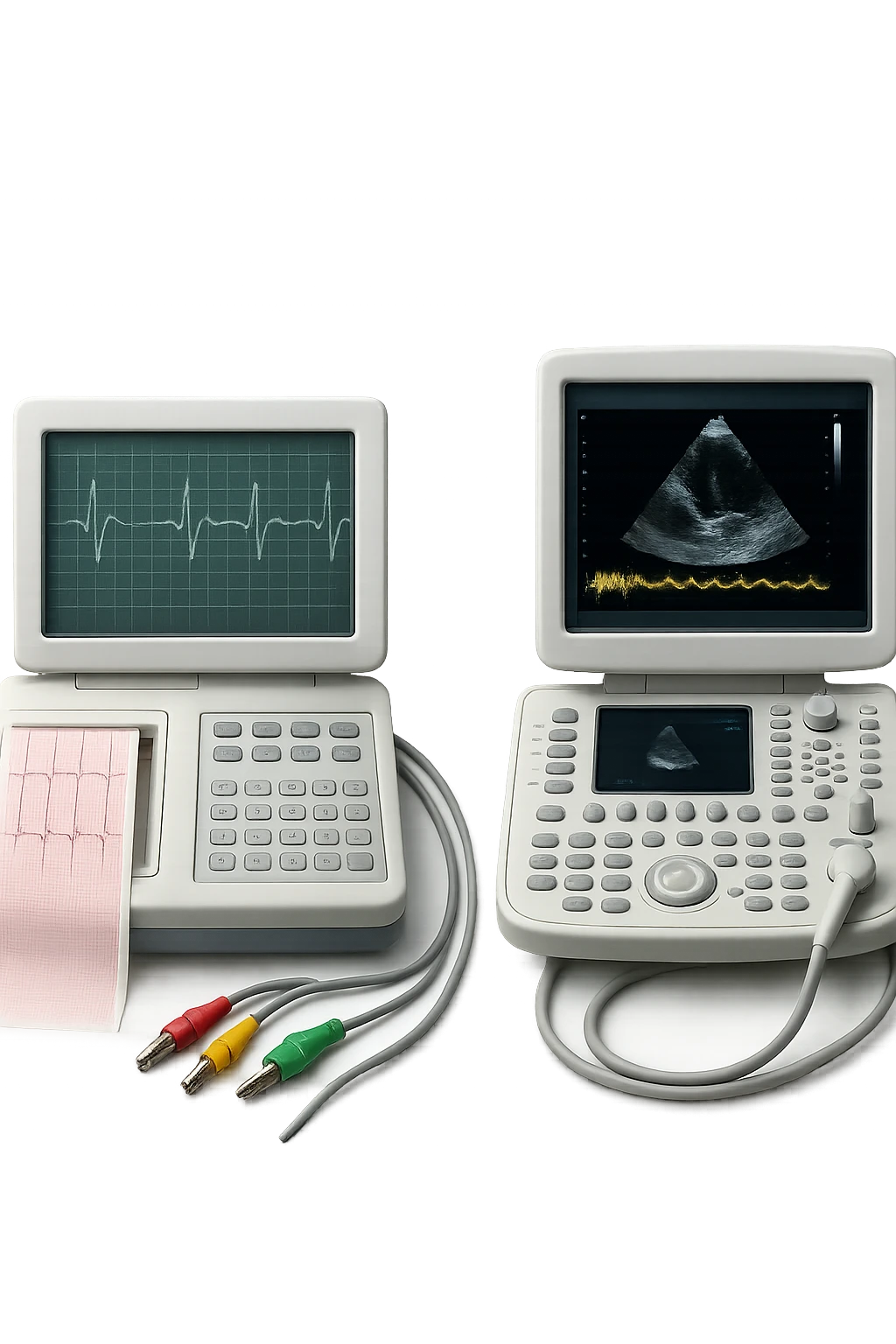 STRUMENTI MEDICI PER FARE ECG e ecocardio, iperrealistico 4k, isolato su sfondo bianco emoji
