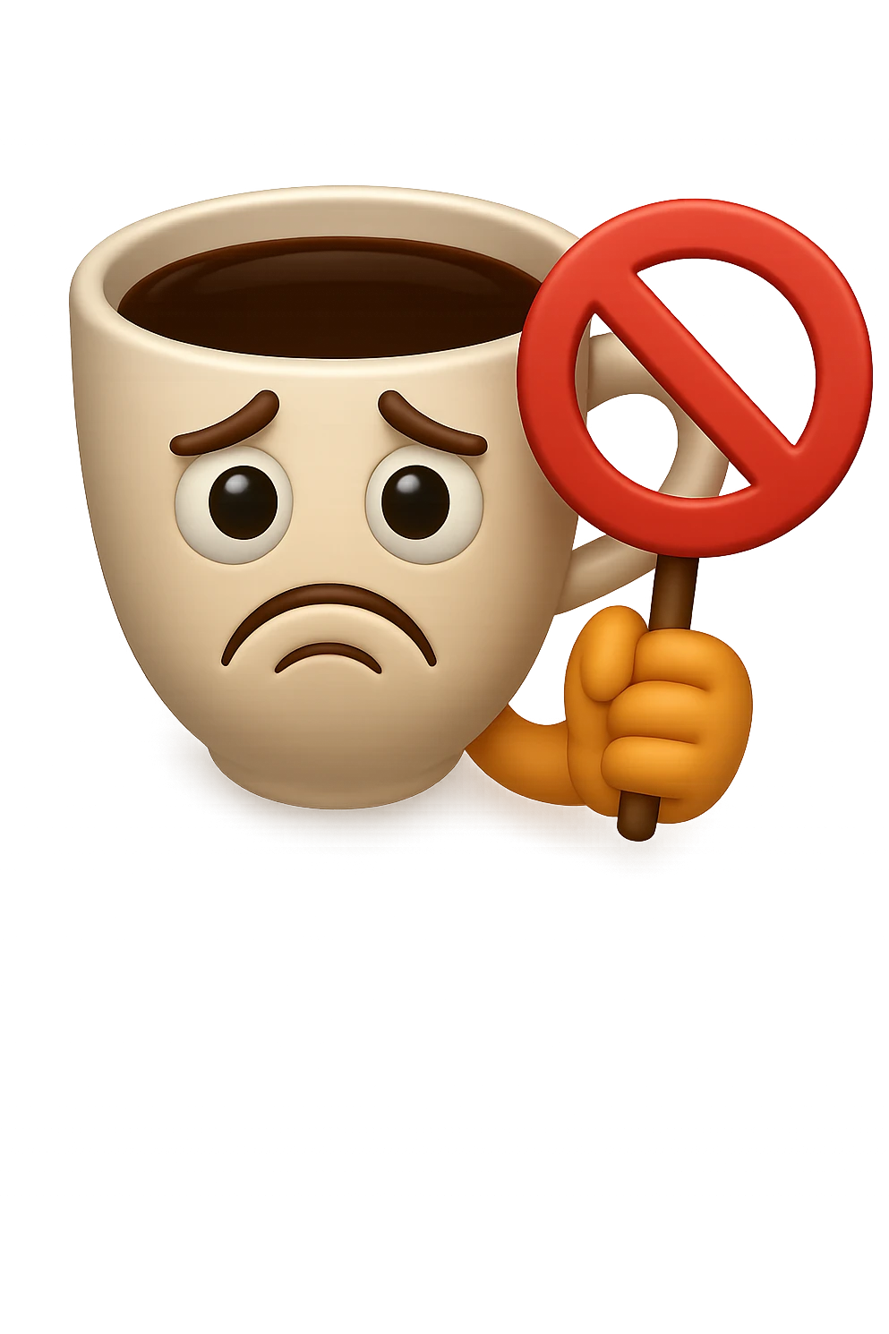 emoji stile iphone di una tazzina di caffè con espressione triste in volto mentre tiene un divieto in mano, iperrealistico 4k emoji