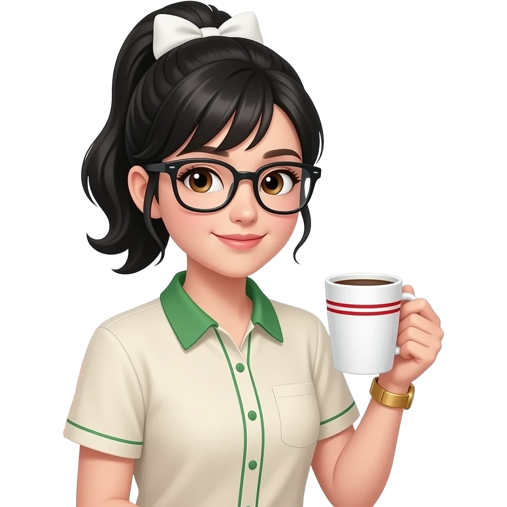 Chica de pelo negro suelto medio recogido con un moño blanco, ojos café claro y piel blanca con gafas negras, camisa con cuello verde y beige de manga corta color beige y lineas verdes, sentada en una silla de madera , en la mano derecha una taza de cafe blanca con líneas rojas y un reloj dorado emoji