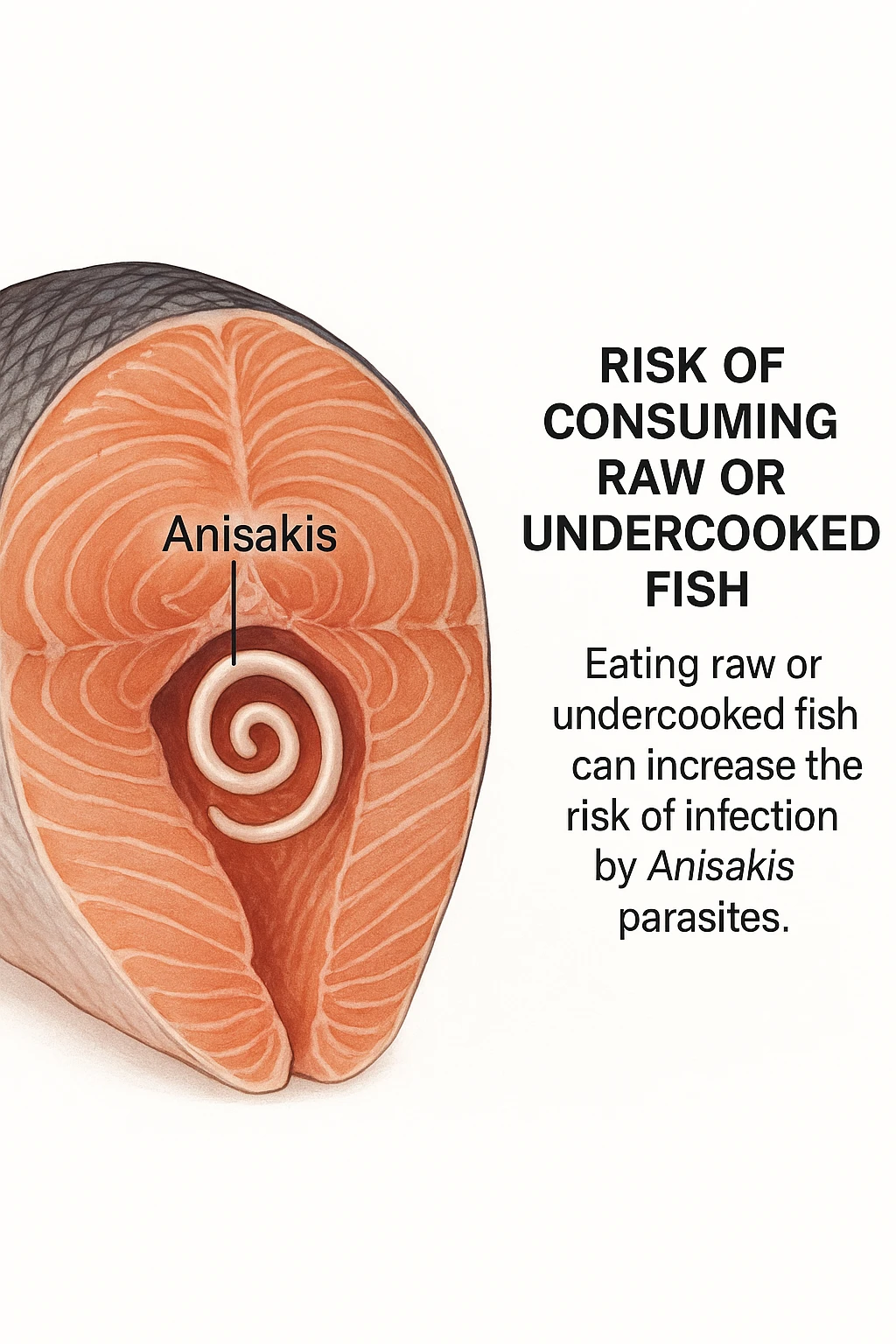 a close-up cross-section of a raw fish fillet, showing a white, coiled Anisakis parasite embedded in the muscle tissue. The parasite is clearly labeled, and the surrounding fish tissue is rendered in detail. The background is clean and white, with educational callouts explaining the risk of consuming raw or undercooked fish. emoji