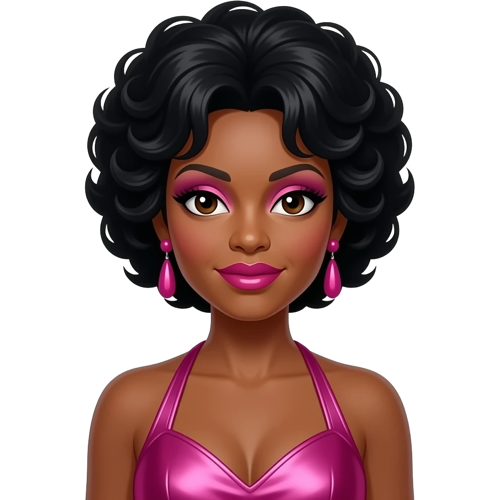 Diana Ross from The Supremes with dark brown eyes, black beehive hair, pink eyeshadow, hot pink lipstick, hot pink metallic halter dress, pink earrings emoji