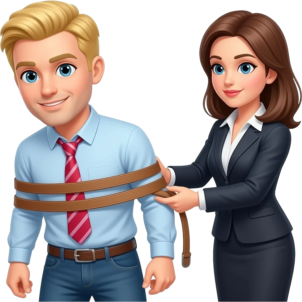un uomo biondo che viene frustato con la cintura dalla sua capa femmina d'ufficio emoji