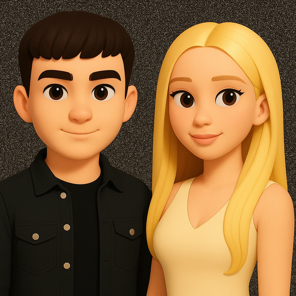 Slightly increase the volume of the upper body of the girl, spread them far apart from each other, make the skin color the same for both characters, keep the cartoon style as in the reference image. emoji