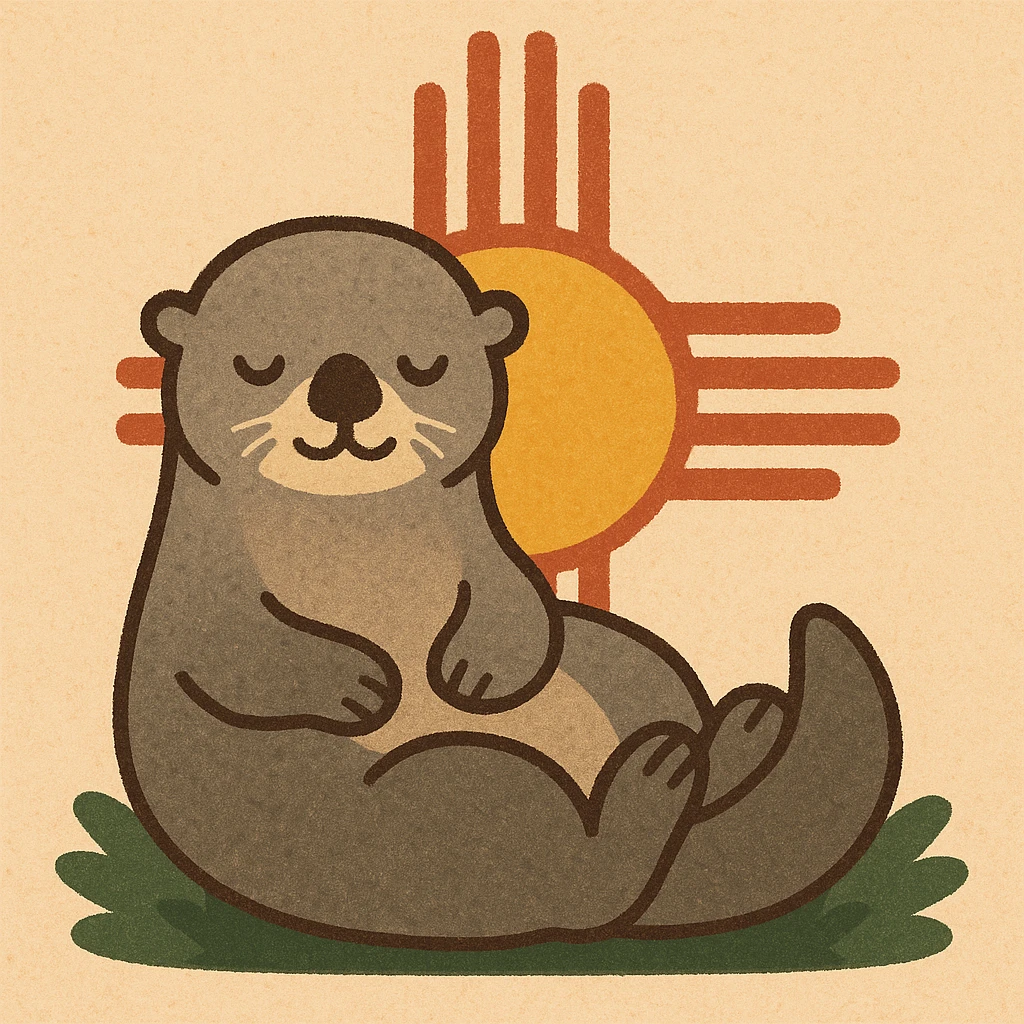 grey sea otter sitting in front of a stylized yellow and red Zia background, clear lines emoji