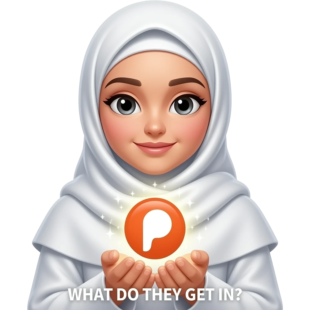 An ethereal Muslim woman wearing a soft white satin hijab, gently cupping a luminous Patreon icon made of liquid light. Text: 'WHAT DO THEY GET IN?'. Isolated on white, magical stardust, 3D icon style emoji