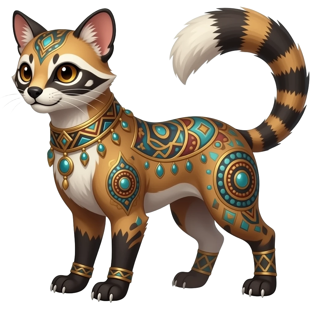 Tribal-patterned unique epic legendary vintage antique aesthetic quadrupedal elegant oriental feral painted fantasy-Civet-Litten-Luxray-Sprigatito-Furret-Sylveon-Fakémon-fusion-hybrid-creature emoji