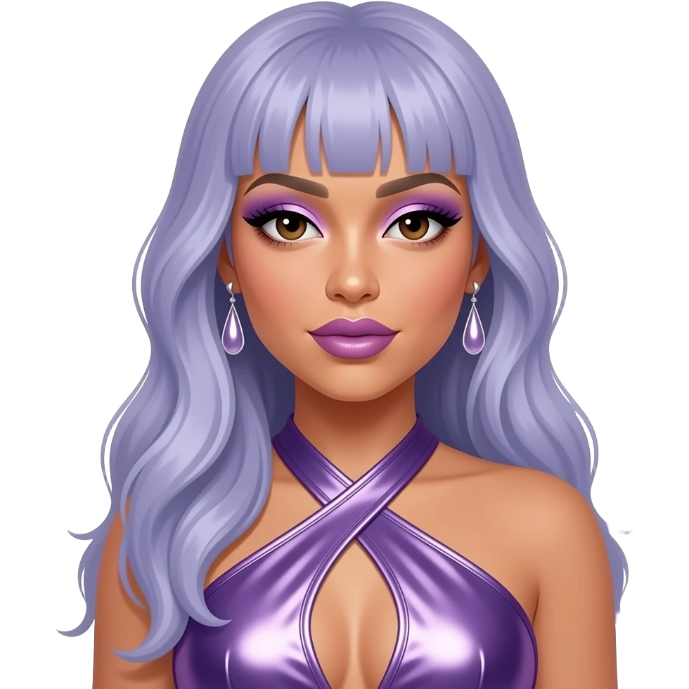 Cardi B with dark brown eyes, long periwinkle hair, periwinkle eyeshadow and lipstick, periwinkle metallic halter dress, periwinkle earrings emoji