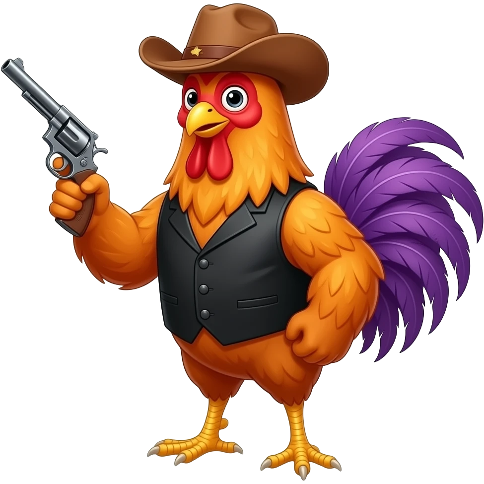 orange, purple Rooster black vest, red hat cowboy with gun emoji