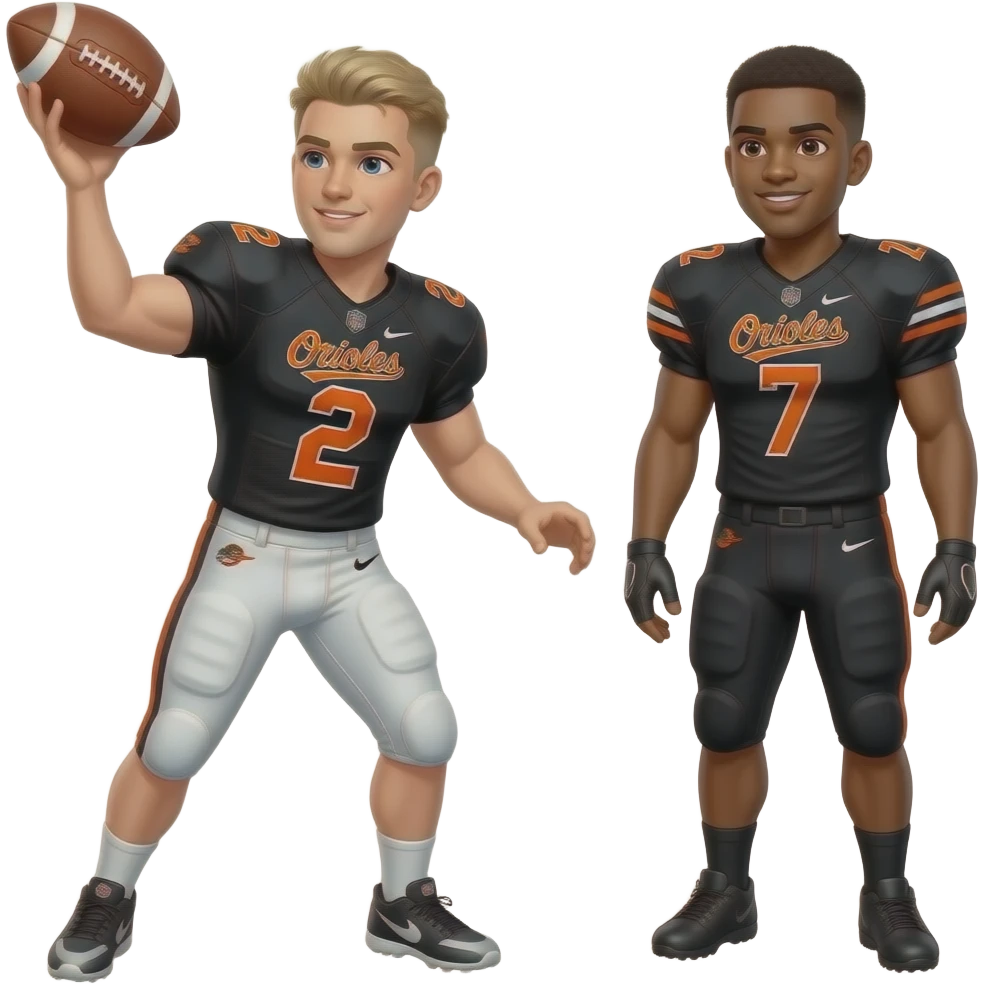 make a white 22 year old with a dirty blonde low taper fade wearing a football jersey with the number 2 throwing a football to a brown 22 year old wearing a football jersey and the jerseys are black with the number 7 and the jersey says orioles in orange on both jerseys emoji