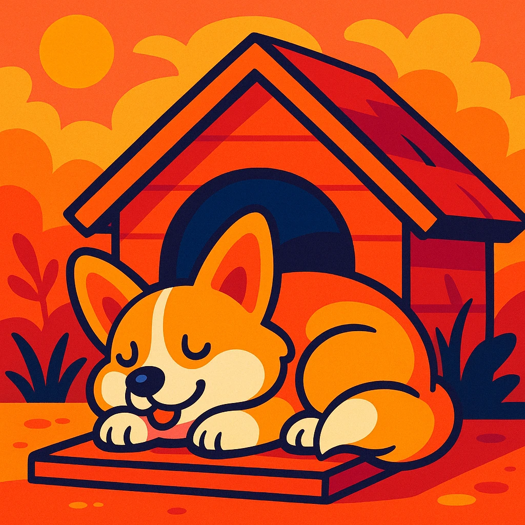 a corgi sleeping in a cozy dog house, warm colors, vibrant toon style, cartoonish, colorful emoji