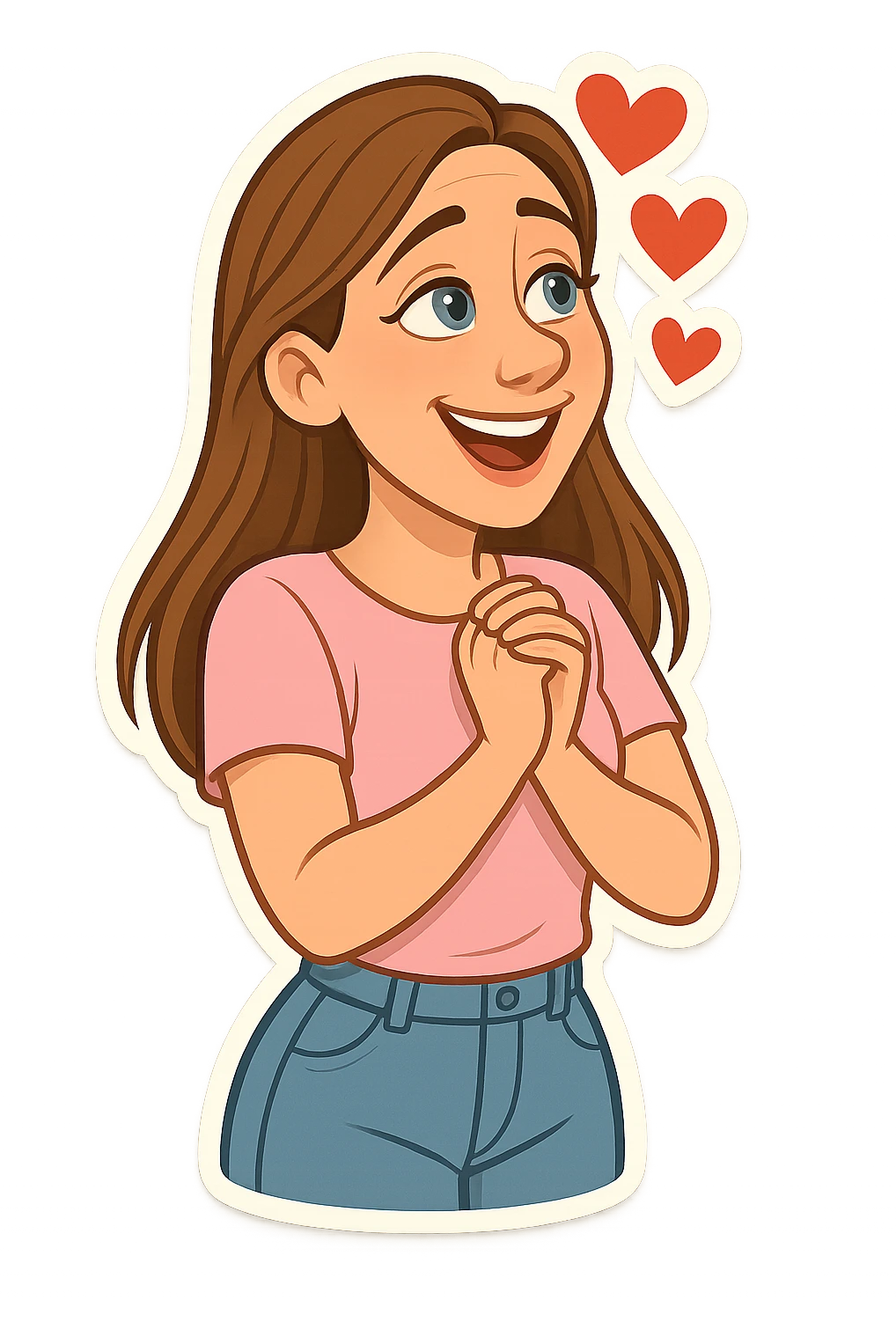 3D cartoon sticker, DreamWorks style of a 30-year-old woman with long light brown hair below shoulder blades, fair skin, large expressive blue eyes, slight bump on nose, wearing a pastel pink t-shirt and light blue mom jeans, in love with hearts around head, soft light, white sticker outline emoji
