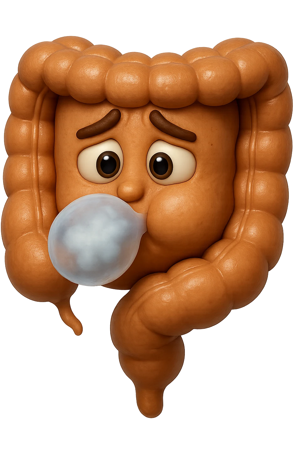 emoji stile iphone di un intestino che ingoia una nuvoletta di aria ben visibile e gli si gonfia la pancia, iperrealistico 4k emoji