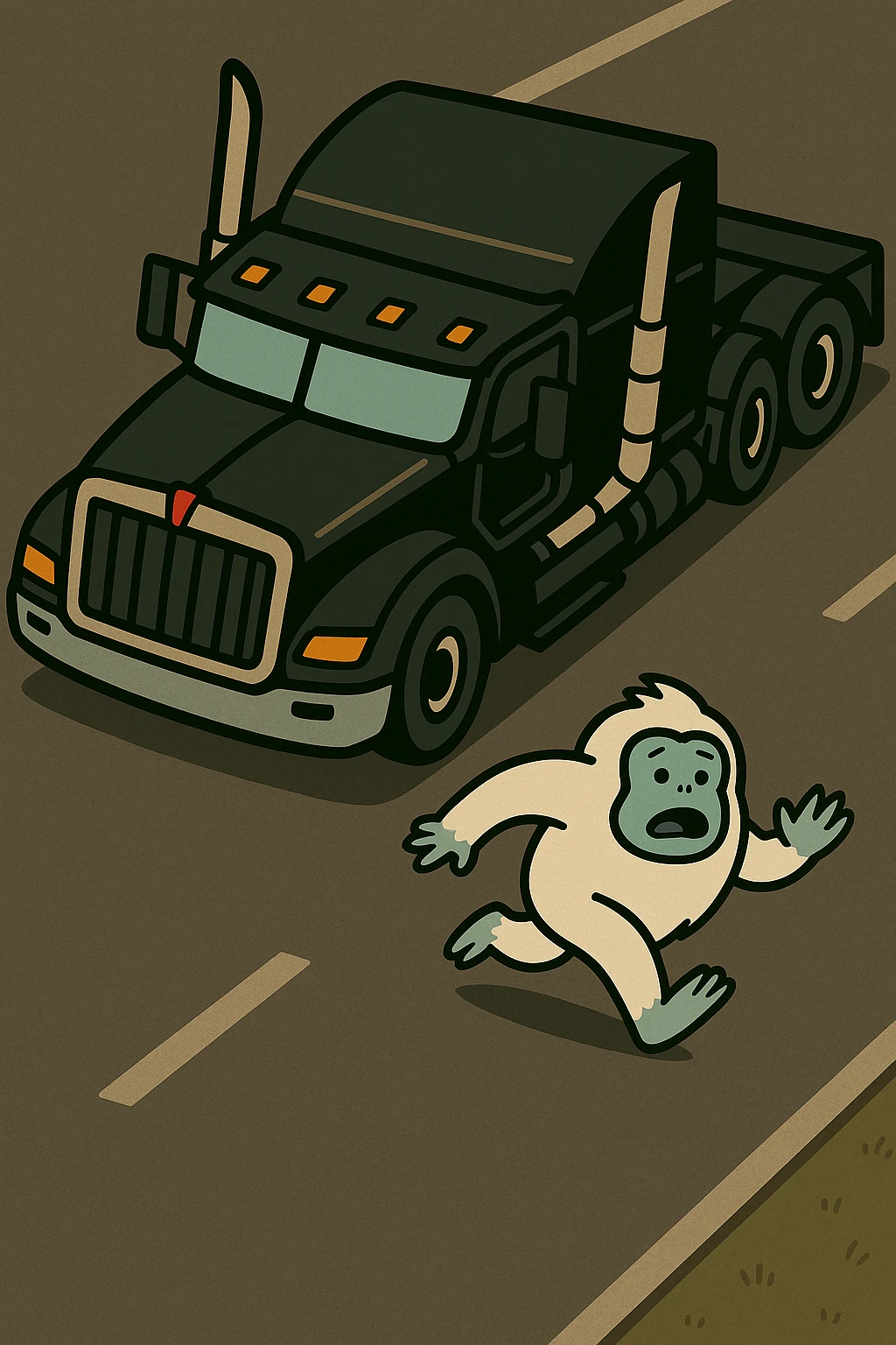 Place the tiny abominable snowman directly on a road in front of the black 2026 Kenworth W680 flat top semi sleeper, top-down cartoon style, no text, with a visible road background. emoji