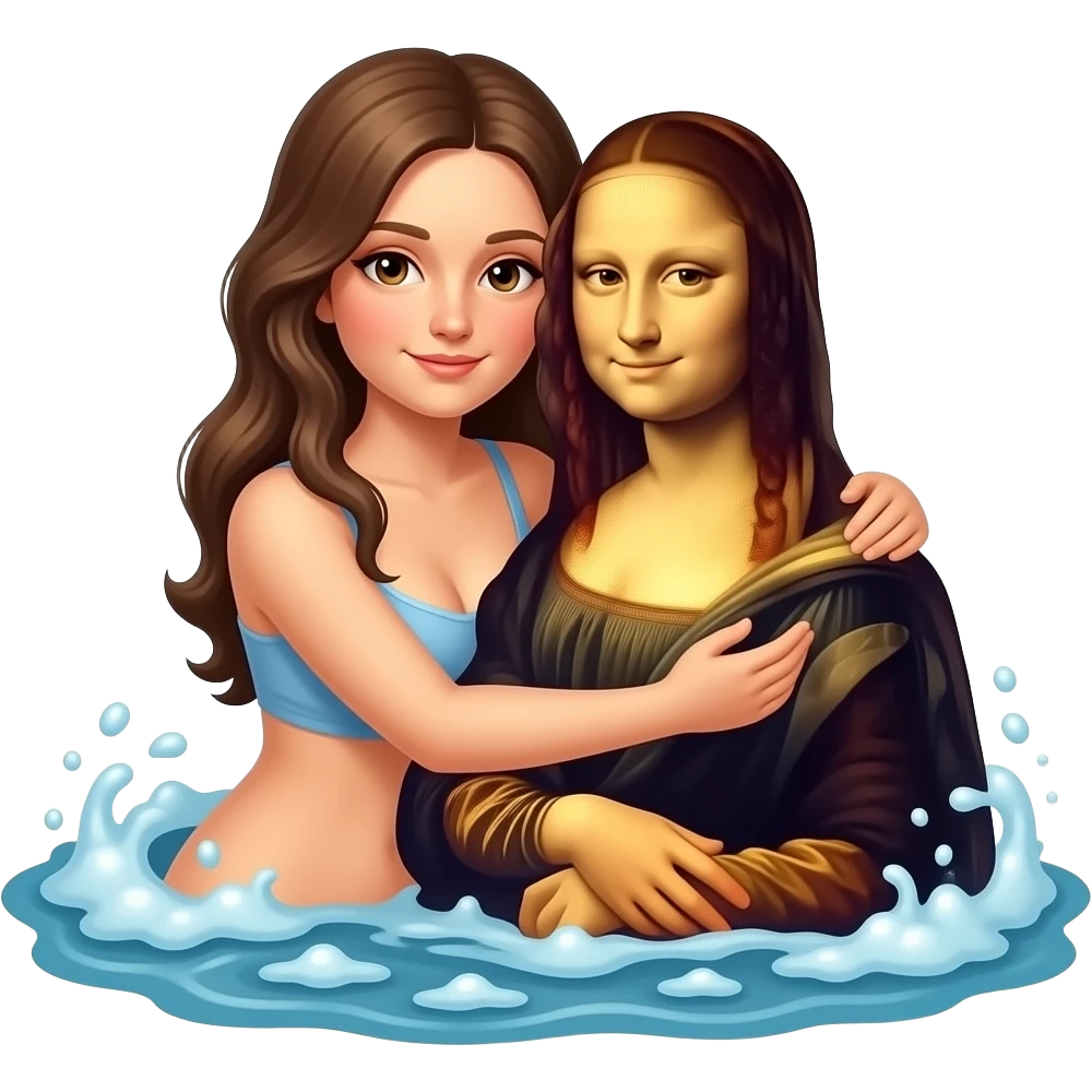 a realistic - Venus, according to a painting by Sandro Botticelli, is born from sea foam, embraced by a girl who has only the face of Da Vinci's Mona Lisa emoji