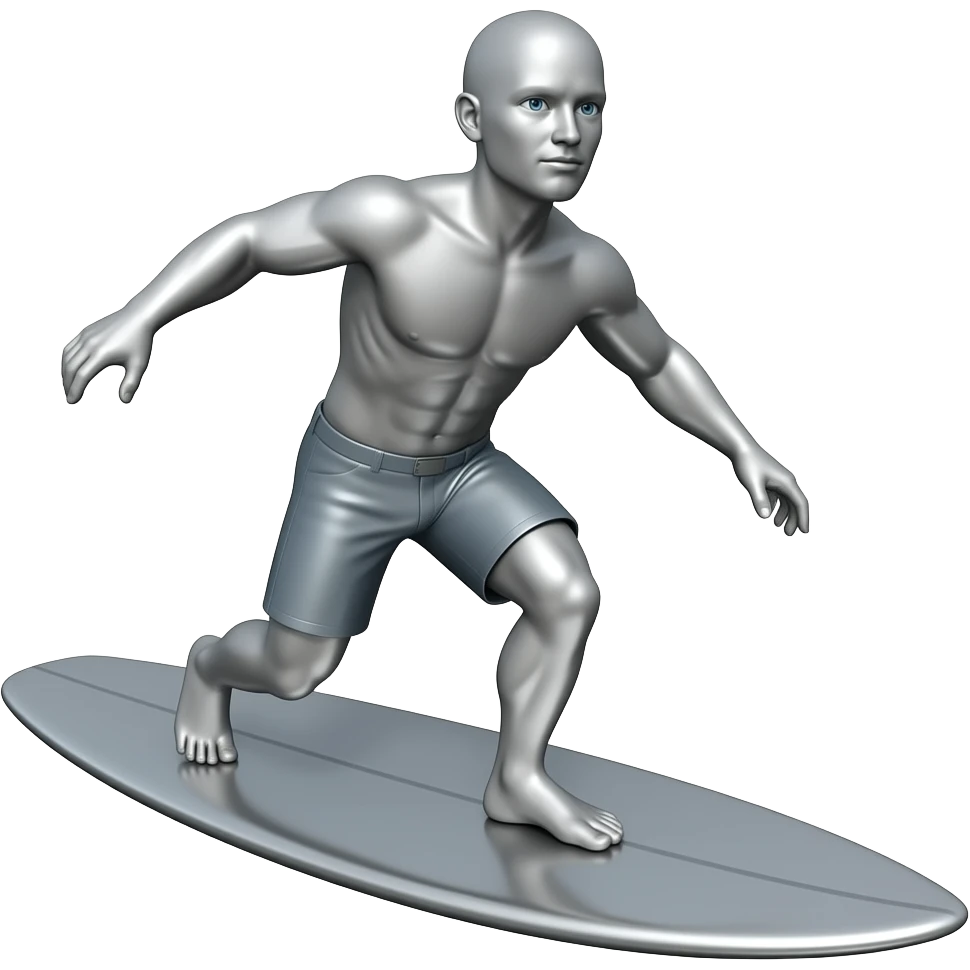 Completely silver bald man on silver surf board emoji