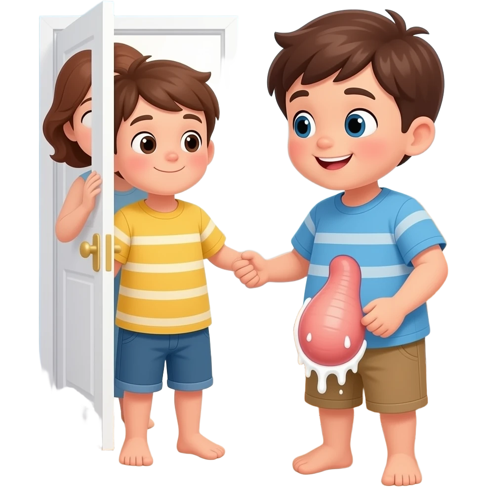 A child in his bedroom playing with his penis that is as big as him and the same thickness all the way and attached to his crotchand white stuff coming out and his mum is peeking through the door emoji