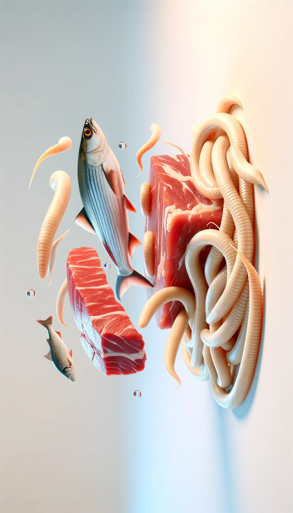 carne cruda fluttua insieme a pesce crudo (tipo sushi), intorno a loro fluttuano vermi lunghi e beige chiaro, sfondo neutro chiaro, iperrealistico 4k emoji