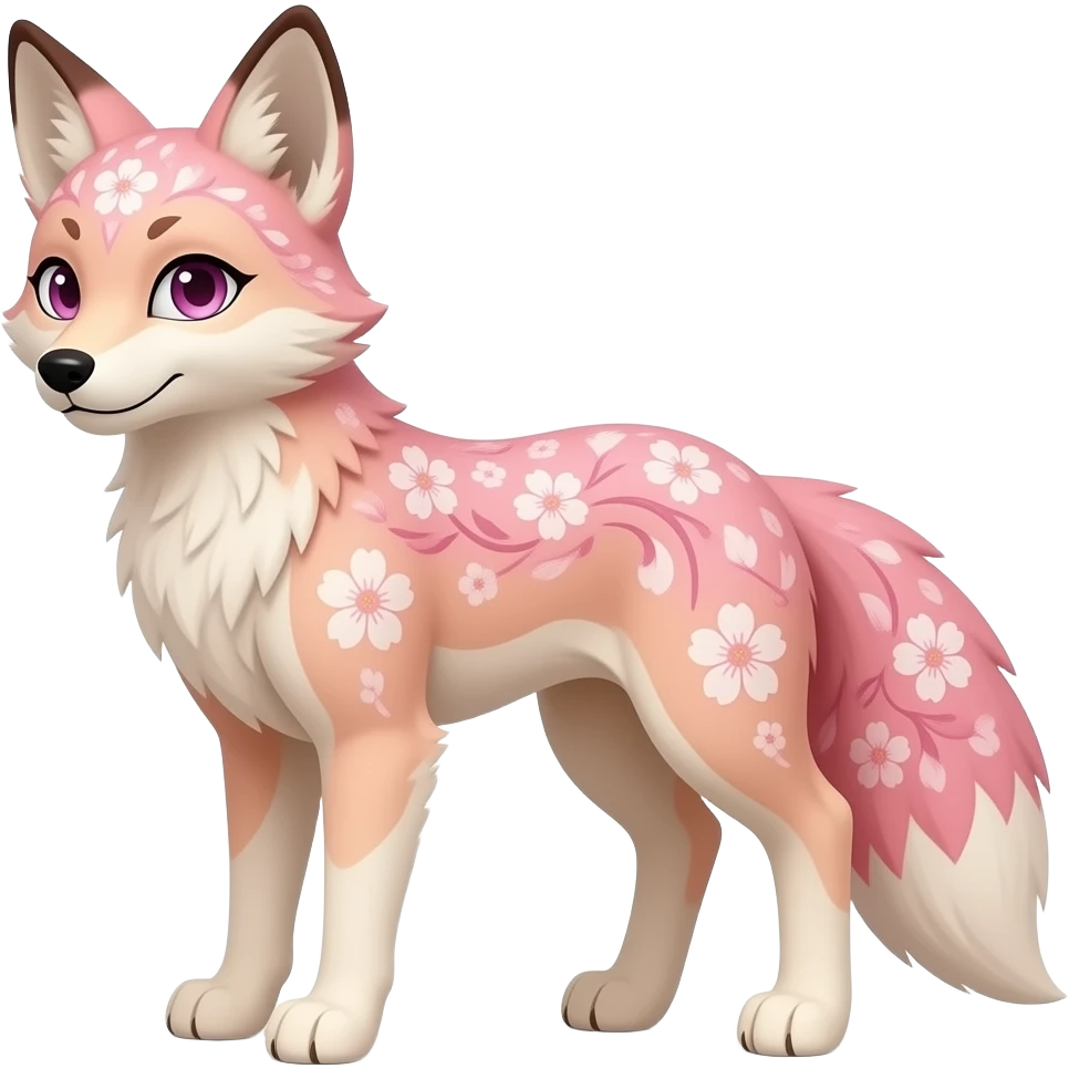 Anthropomorphic digitigrade Pastel beige and pastel Sakura-pink fox furry-Falvie-Fionbri-fursona with floral swirly markings and white spot markings, 2 legs, modern, sophisticated emoji