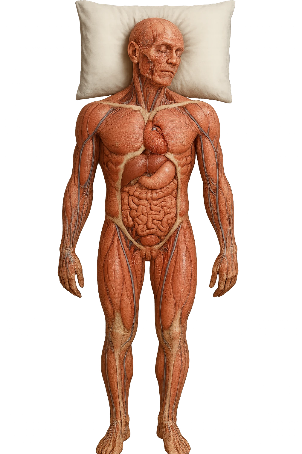 corpo umano anatomico CON TESTA SUL CUSCINO PERCHé STA DORMENDO, VISTO DALL'ALTO, iperrealistico 4k emoji