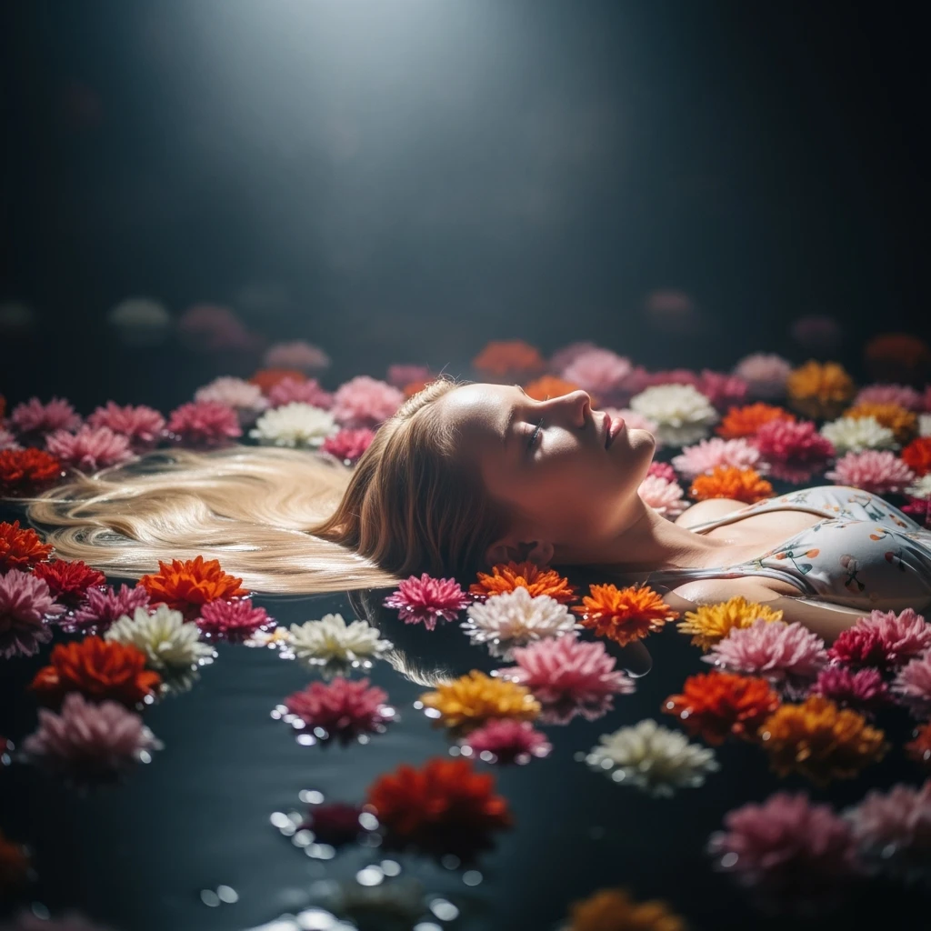 Camera drom top, Motion blur Extreme Closeup photo of a beautifull woman lay around beautifull colorfull flowers in water, cinematic light, 8K, very detailed, sharp, depth (foreground, midground, background) Spotlight, dark environemnt emoji