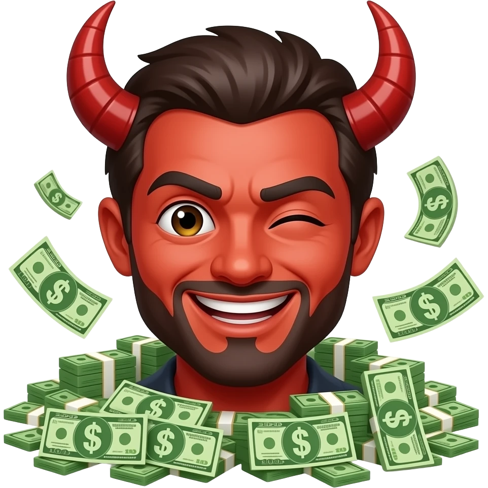 Devil smirking and winking surrounded by cash money emoji