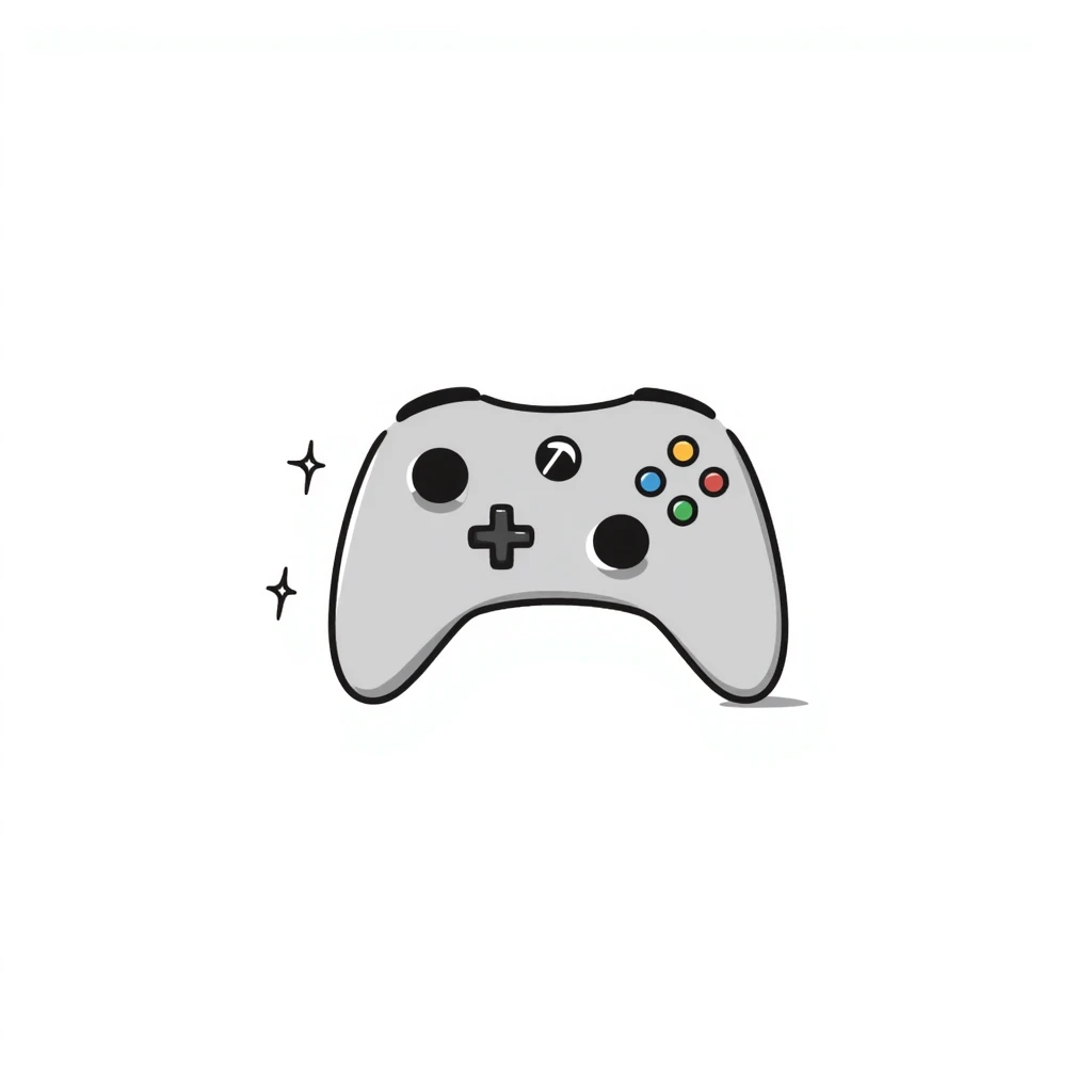 A modern gamepad controller with dual analog sticks and multiple buttons in pastel colors (dd9fb0, ffc6d3, a3bfc9, c4bee2, f1b091), hand-drawn doodle style emoji