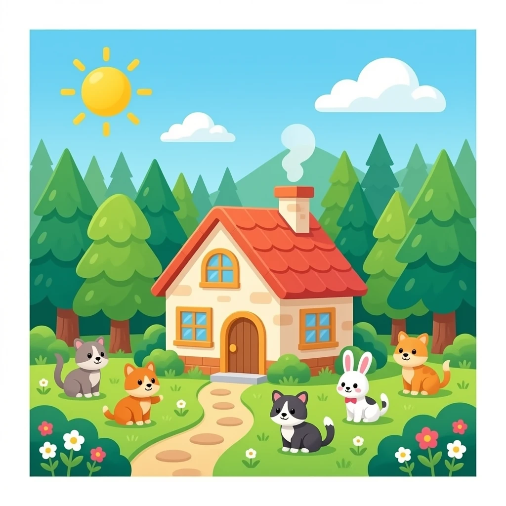 Una casa en medio del bosque, que sea acojedora y que el bosque este lleno de animales bonitos. Haze sol. És arte fotográficoç emoji