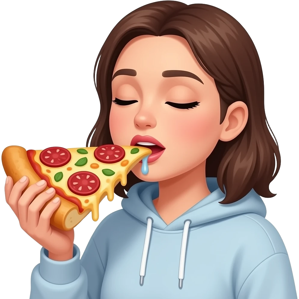 woman drooling while eating an extremely large piece of pizza. her eyes are closed. she is wearing a sweatshirt emoji