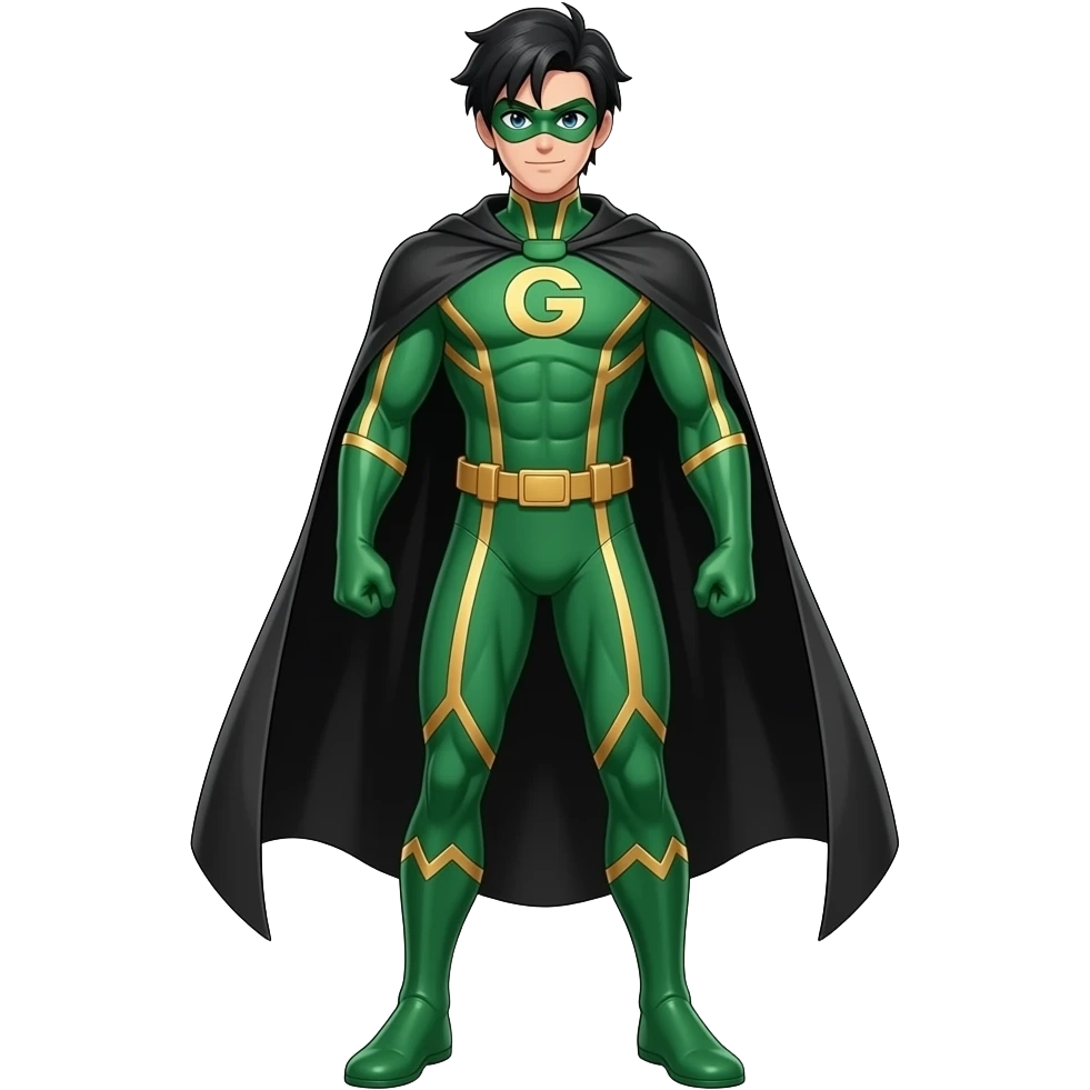 Anime male superhero suite all green and gold lines black long black cape green masks look superstrong black slick hair letters G on the suite very tall full body emoji