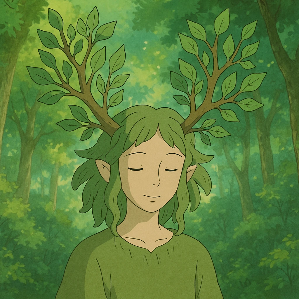 a whimsical forest spirit with leafy antlers, ghibli style emoji