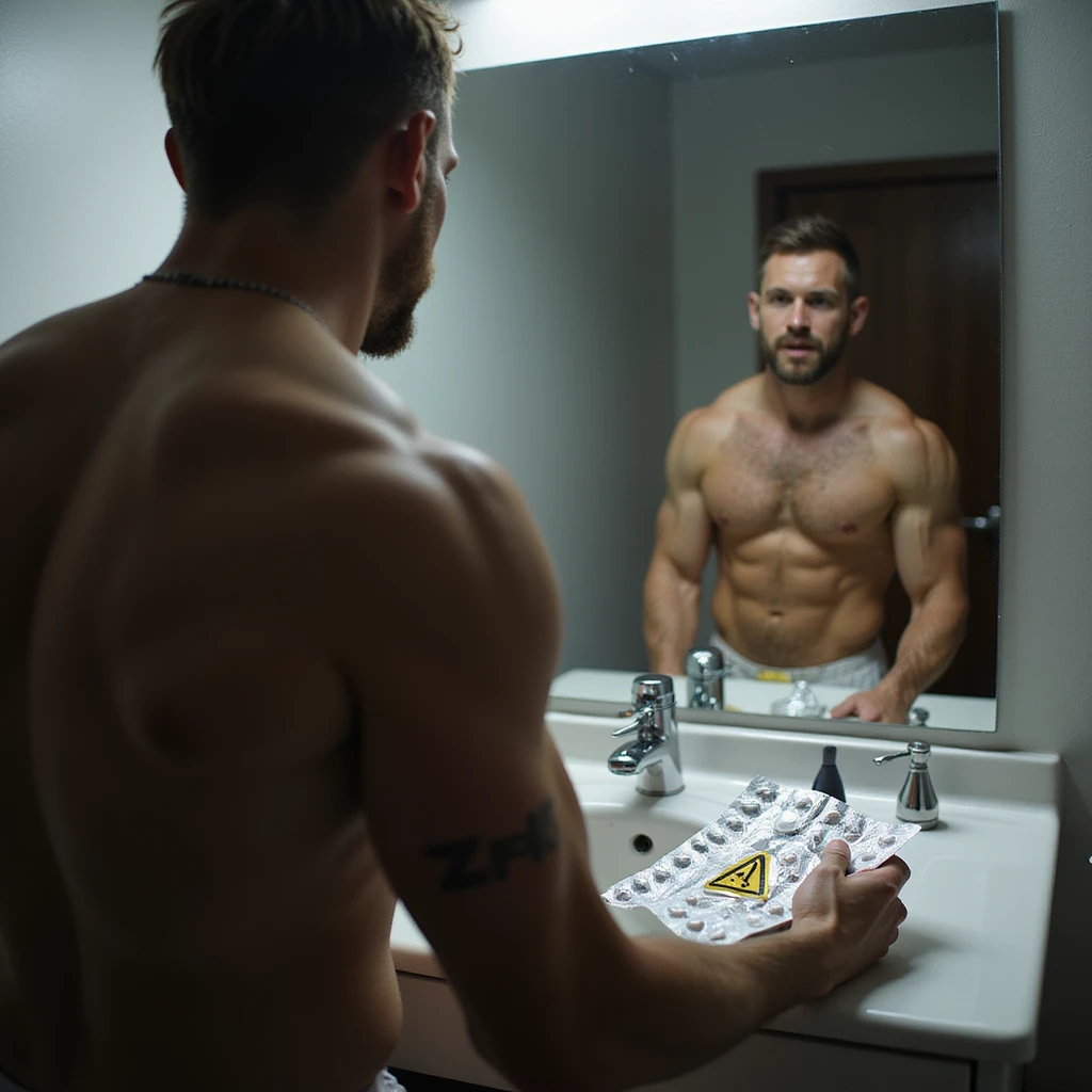 bodybuilder in front of mirror, blister pack on sink, reflection shows small testicles and danger symbols, dark atmosphere, realistic details, isolated on white background emoji