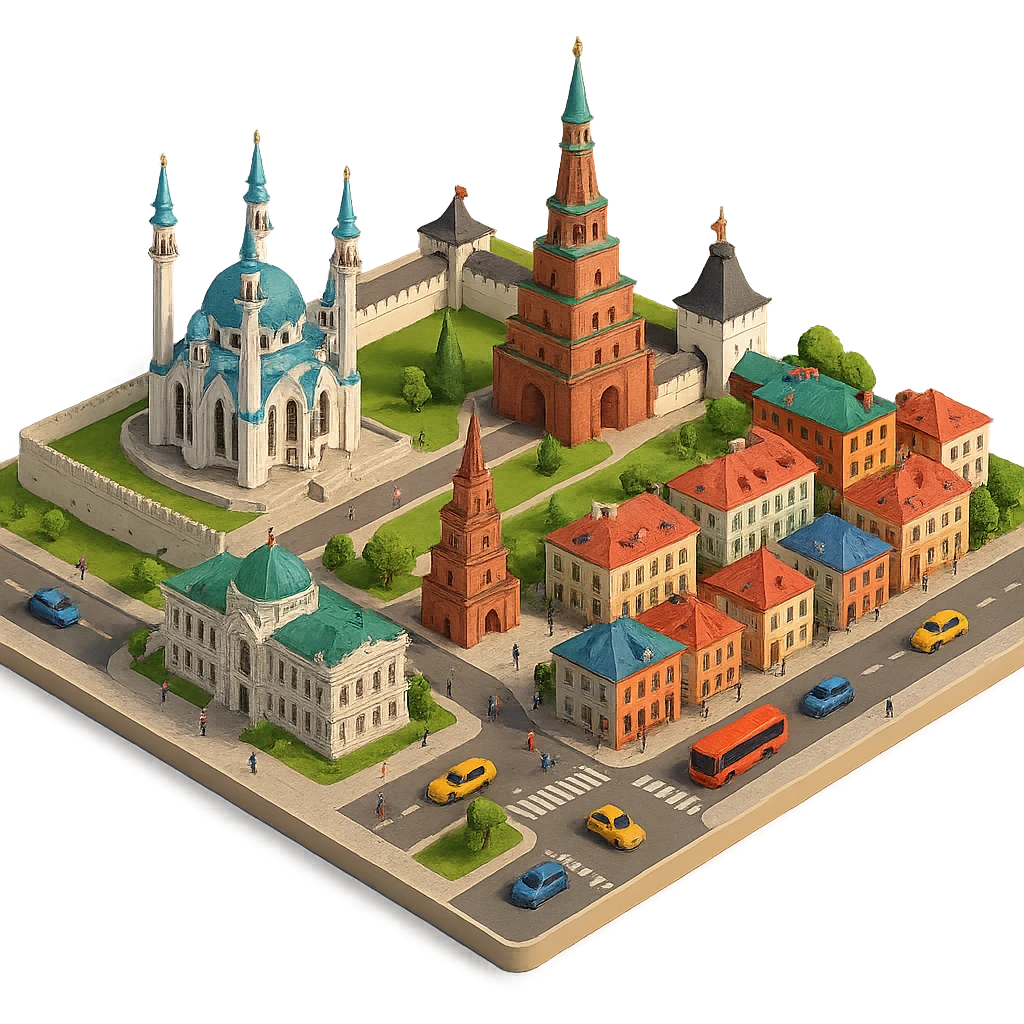 Изометричная миниатюрная фотореалистичная 3D модель Казани - Казанский Кремль, Кул-Шариф, Башня Сююмбике, Дворец земледельцев, казанские дома, автотранспорт четкие линии, яркие цвета, мультяшный реализм, люди, автотранспорт, компактная композиция, вид сверху в изометрии, прозрачный фон emoji