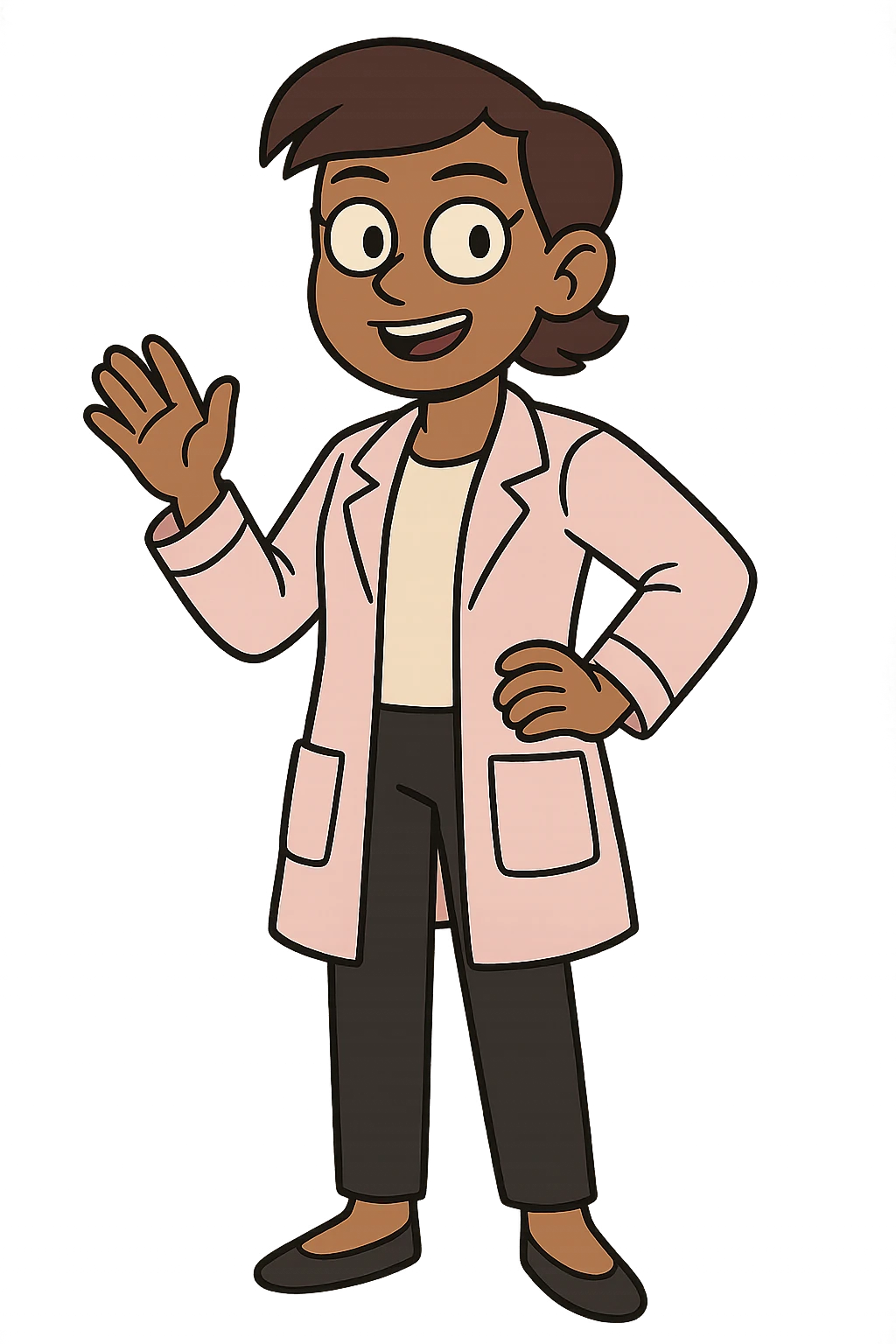 female morena character, short hair, pink lab coat, black pants, flat style emoji