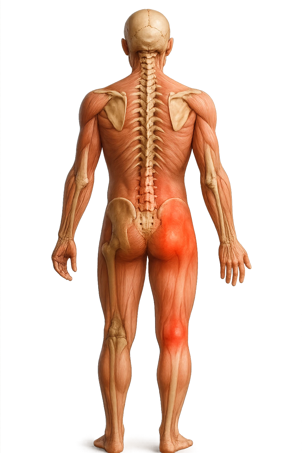 CORPO UMANO ANATOMICO A FIGURA INTERA REALISTICO DI SPALLE CON DOLORE ALLA LOMBARE INFIAMMATA, DOLORE ALL'ANCA, IPERREALISTICO 4K emoji