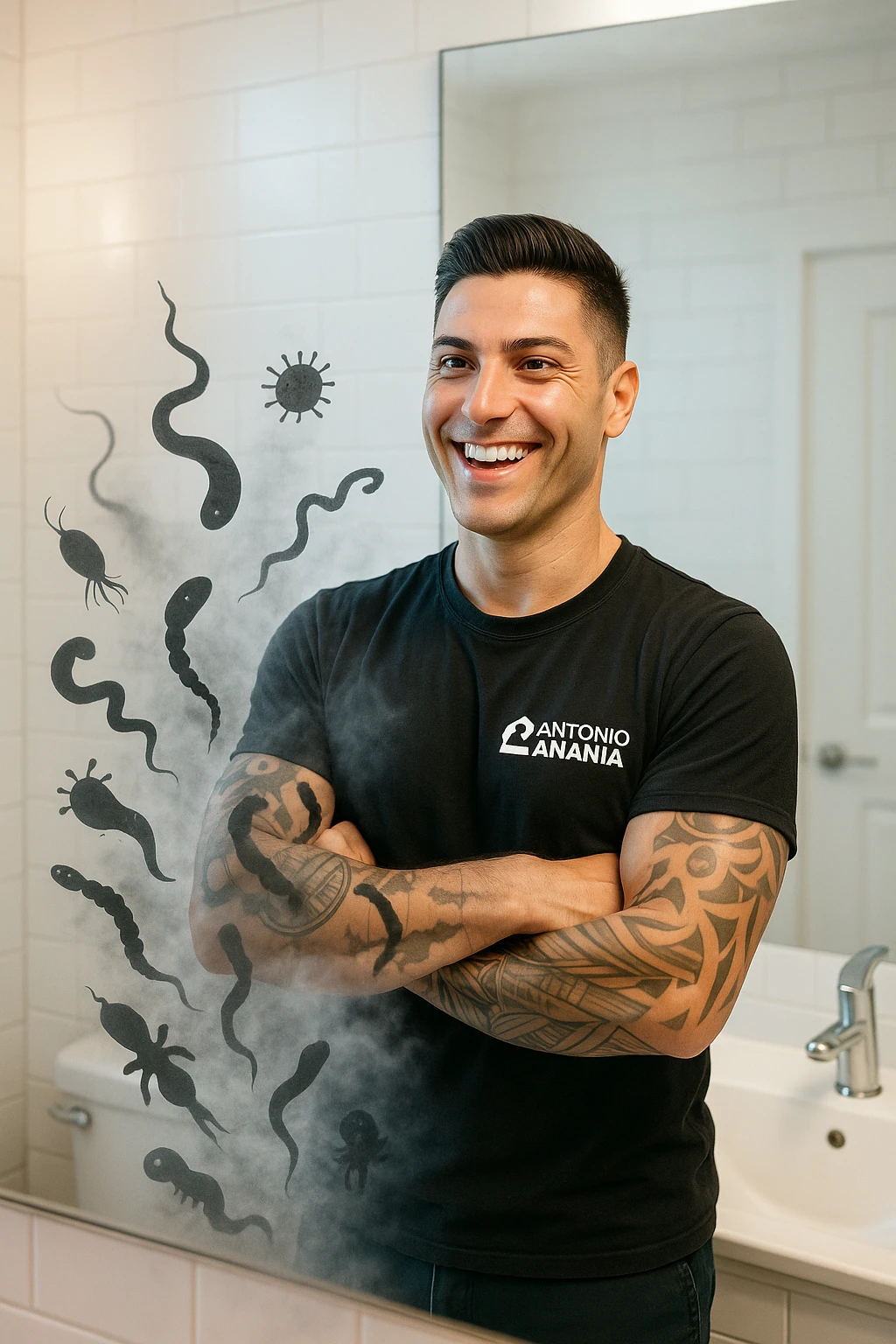 a man stands in a brightly lit bathroom, looking relieved and revitalized as he examines his reflection in the mirror. In the foreground, stylized, shadowy images of parasites (such as worms or protozoa) are shown leaving his body, dissolving into mist or fading away. His posture is upright and his expression is one of newfound energy and health. emoji