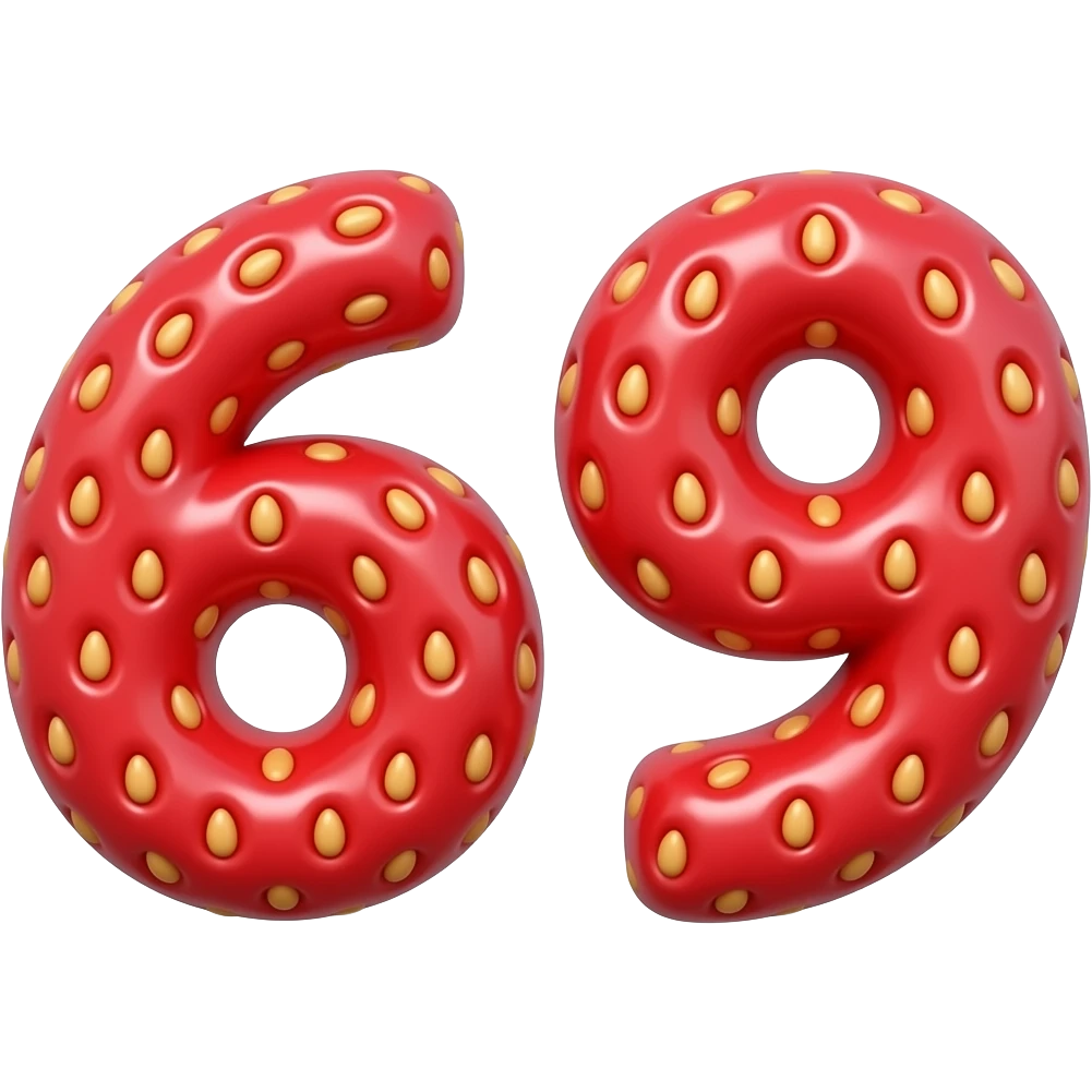 👉  TWO👉 "numbers 6 and 9 made of strawberry texture, red color with seeds, 3D glossy, smooth rounded shapes, cute cartoon style, isolated on white background, high detail" emoji