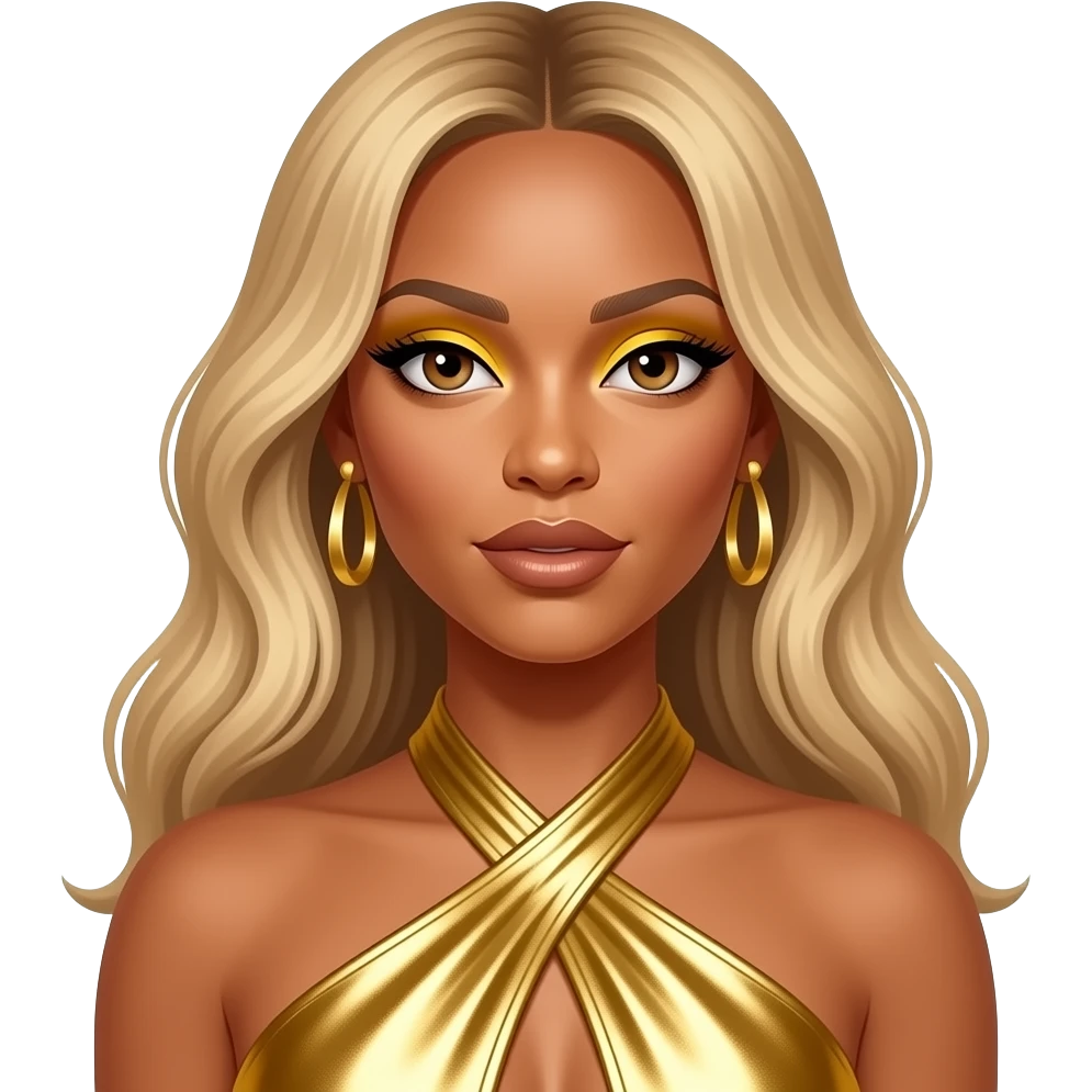Beyonce from Destiny's Child with hazel eyes, long blonde hair, yellow eyeshadow, bronze lipstick, gold metallic halter dress, gold earrings emoji