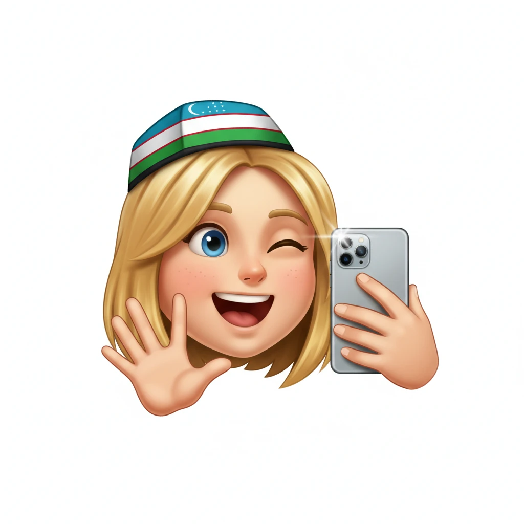 нарисуй эмоджи человека блондина  фотографирующего себя на телефон, эмоджи сделай более реалистичной, на голове должна быть узбекская тюбетейка в цветах узбекского флага, обрати внимание на глаза и количество пальцев у человека, без фона emoji