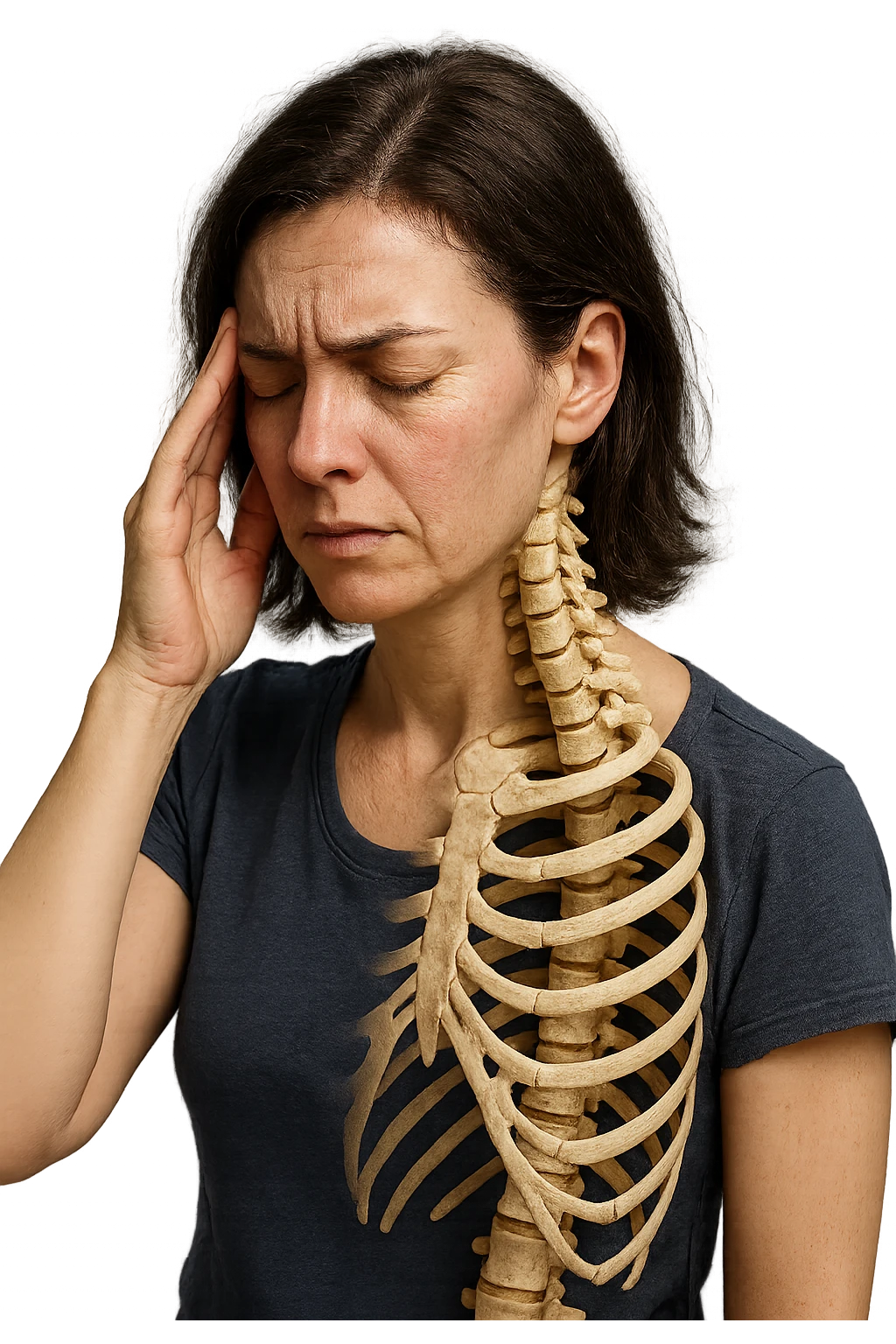 donna stanca che si tiene una mano sulla tempia con spina dorsale anatomica visibile, iperrealistico 4k emoji