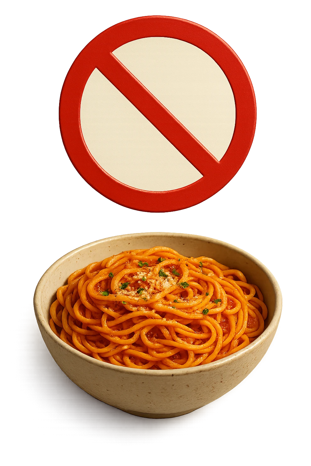 BOWL DI PASTA CON DIVIETO SOPRA,  iperrealistico 4k emoji