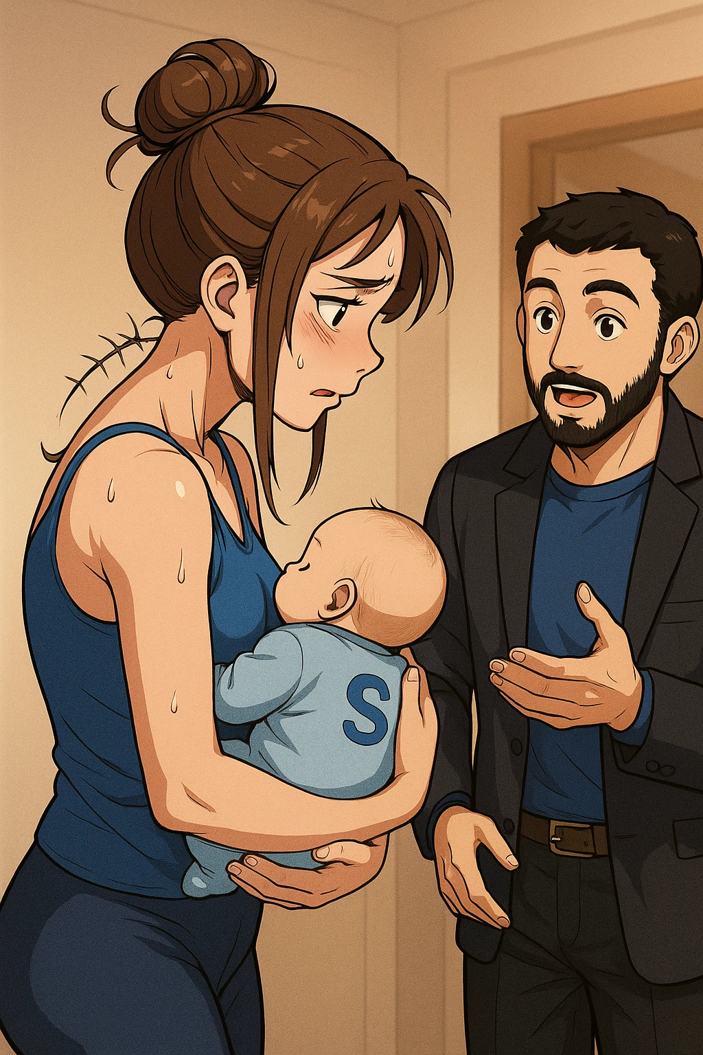 ispirati a questo stile di disegno e fai questa immagine in versione manga/webtoon a colori, il manga mostra la donna preoccupata di profilo con la postura sbagliata e incurvata, spalle chiuse e curve in avanti, con un neonato in braccio con una tutina azzurra e la scritta "S" sulla schiena, spina dorsale storta della donna in evidenza mentre ascolta l'uomo mentre l'uomo gli sta spiegando una cosa, ma non fare i fumetti, fai come se stessero parlando emoji