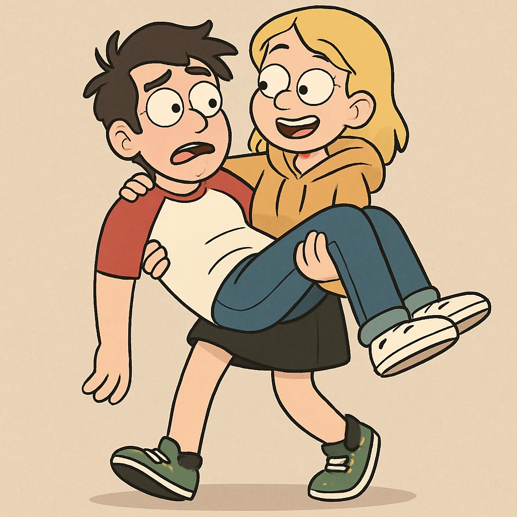 A man Raglan sleeves with Red t-shirts blue jeans white shoes carried by a cute a girl yellow hoodie black skirt green shoe  emoji