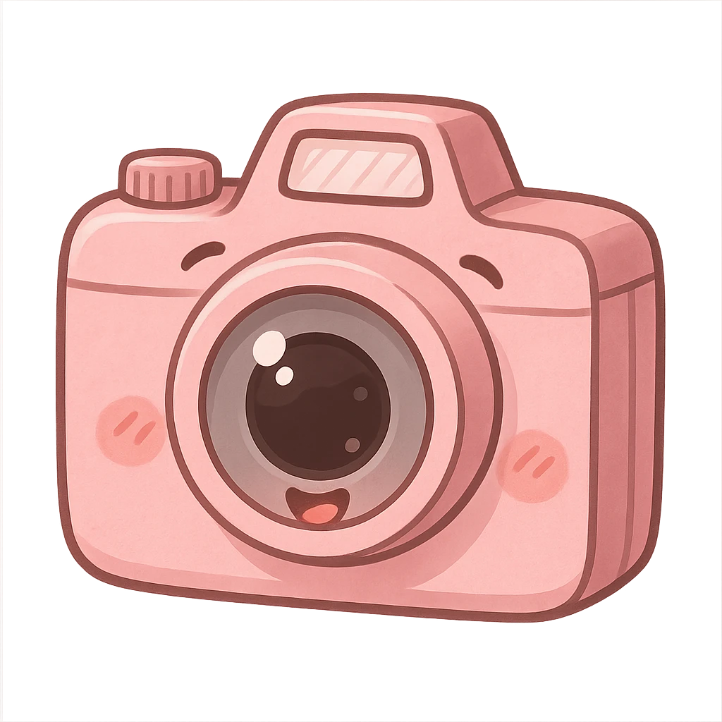 a cute pink camera, original design, big eyes, blushing cheeks, joyful emoji