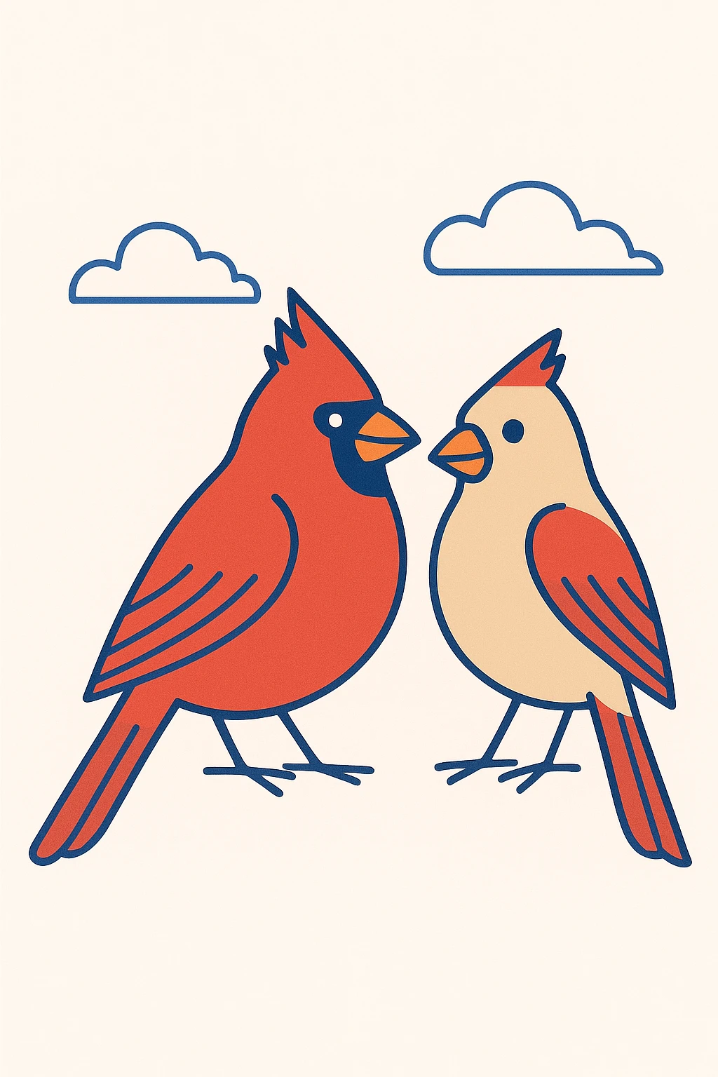 two northern cardinals side by side: male bright red with spiky crest, black mask, orange beak; female pale brown with red highlights on wings and tail, small crest, soft black mask, orange beak, modern flat style emoji