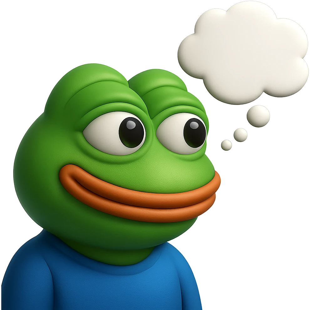 make a pepe in bright green smiling with thought bubble looking at right side in 3d style, good highlights and shadows, drop shadows emoji