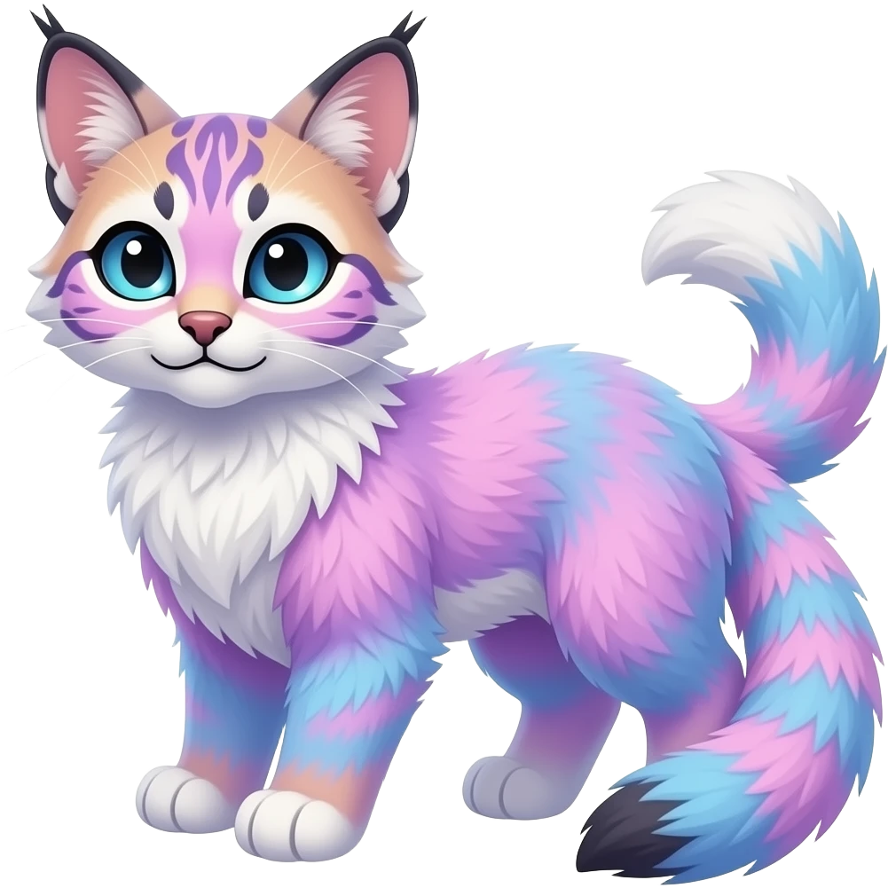 Cute kawaii cool edgy badass pastel cotton-candy pink-blue-purple gradient fluffy fur fantasy-caracal-civet-genet-sergal-vernid-Gryphon-Cacomistle-Trico-oncilla-animal-Fakémon-hybrid-fursona (full body), facial markings, (realism style) emoji