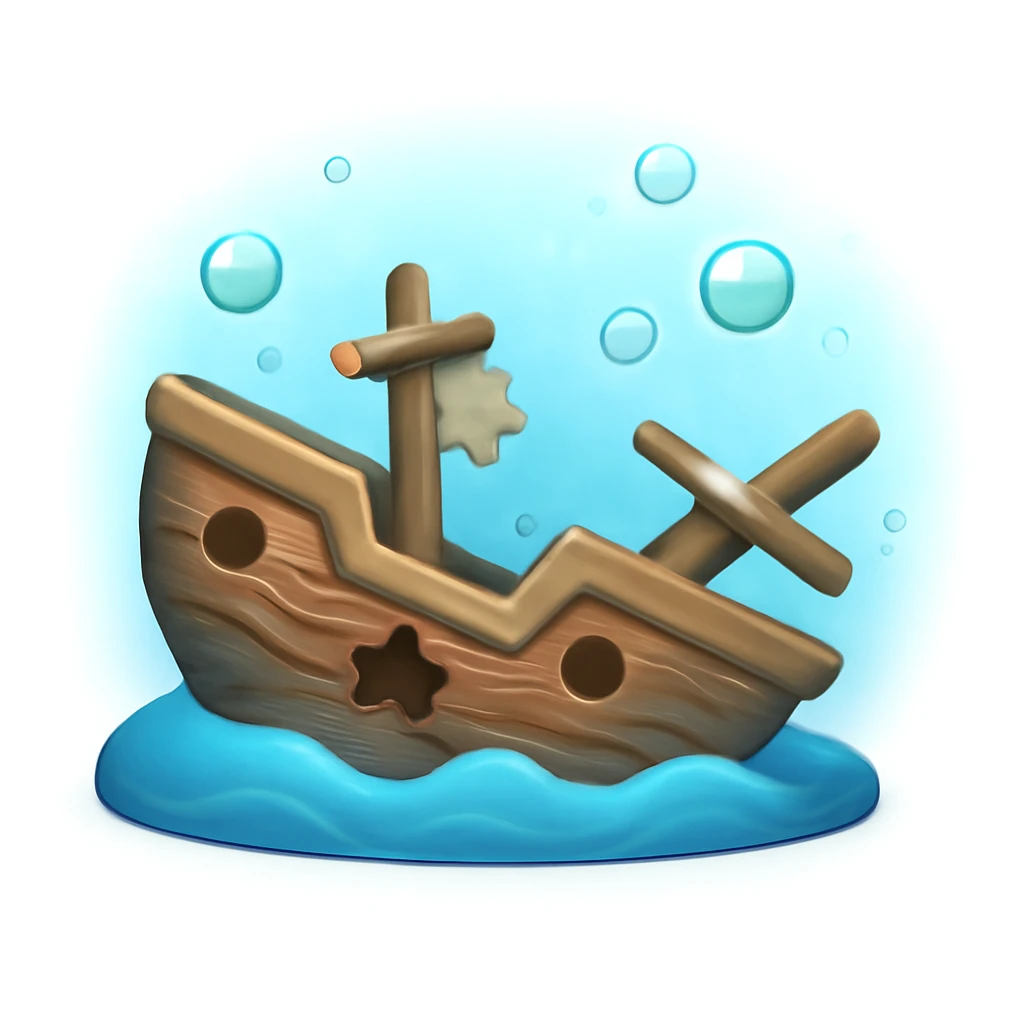 3D iPhone style emoji of a sunken ship underwater, lying on the ocean floor, broken details, surrounded by bubbles and soft blue water effect, isolated on white background, soft shadows, high detail, playful and cute. emoji