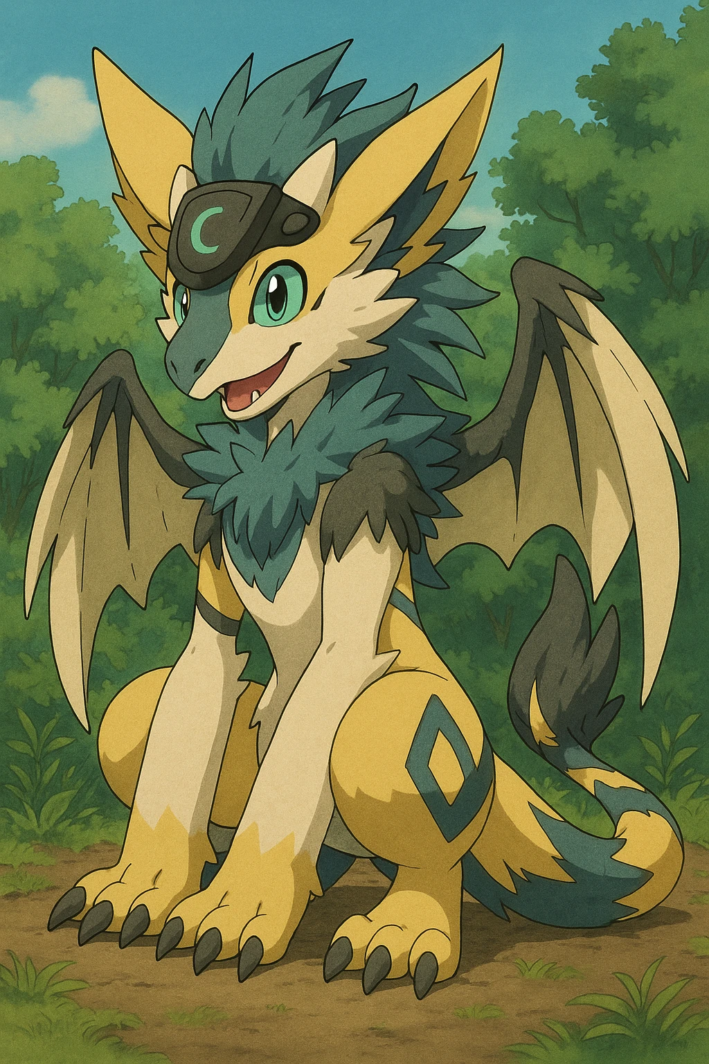 Sergal-Protogen-Trico-Zeraora-Vernid-fusion-hybrid-creature, drawn in a Pokémon/Digimon style emoji