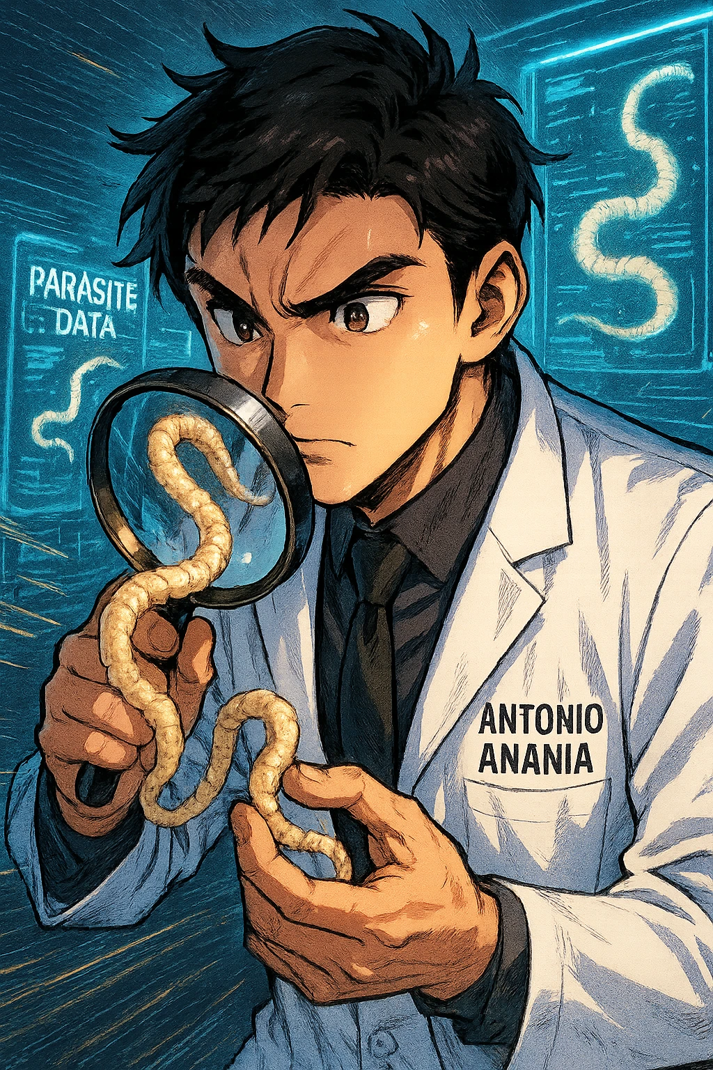 A dynamic manga/webtoon-style illustration of a young male kinesiologist wearing a clean white lab coat, analyzing light beige worms like a tapeworm under a magnifying glass. His expression is focused and slightly intrigued, with sharp, detailed eyes. The art style is vibrant, with bold linework, rich colors, and dramatic lighting. The background is a futuristic laboratory with glowing holographic screens displaying parasite data. The tapeworm is intricately drawn, slimy and segmented, with a slightly exaggerated yet realistic texture. The composition is dynamic, with motion lines or energy effects to emphasize his scientific investigation. The atmosphere is intense but not dark, keeping a balance between scientific seriousness and stylish manga aesthetics, he has "ANTONIO ANANIA" WRITTEN ON WHITE LAB COAT emoji
