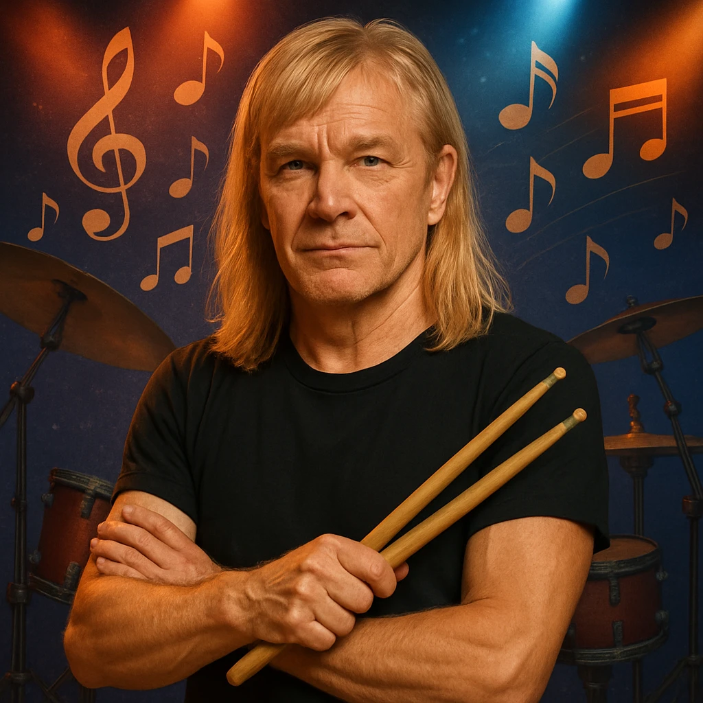 Make the blonde male drummer look older with mature facial features and subtle signs of age, while keeping the long top hair with bangs and confident look. emoji